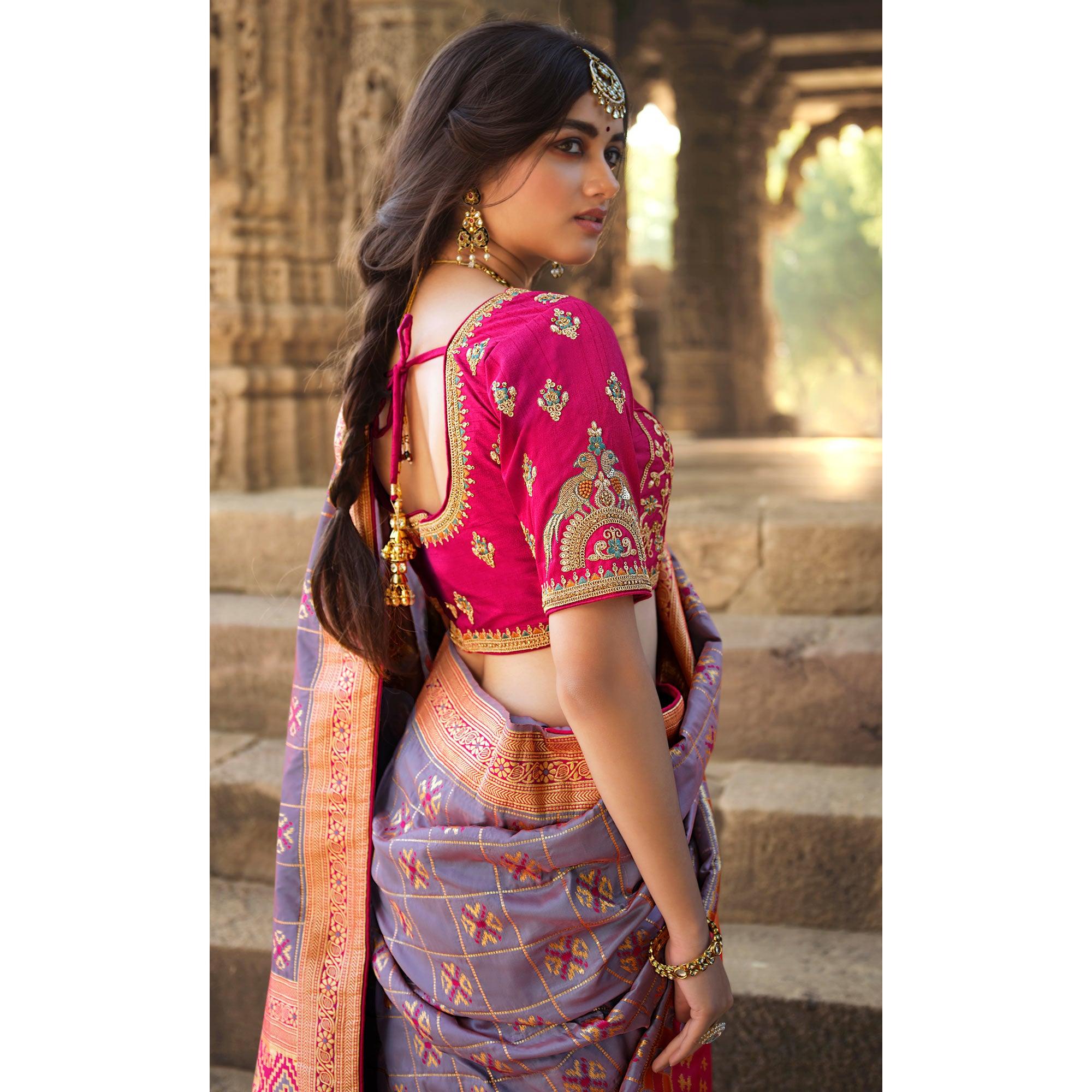 Purple Wedding Wear Woven Silk Saree With Tassels - Peachmode