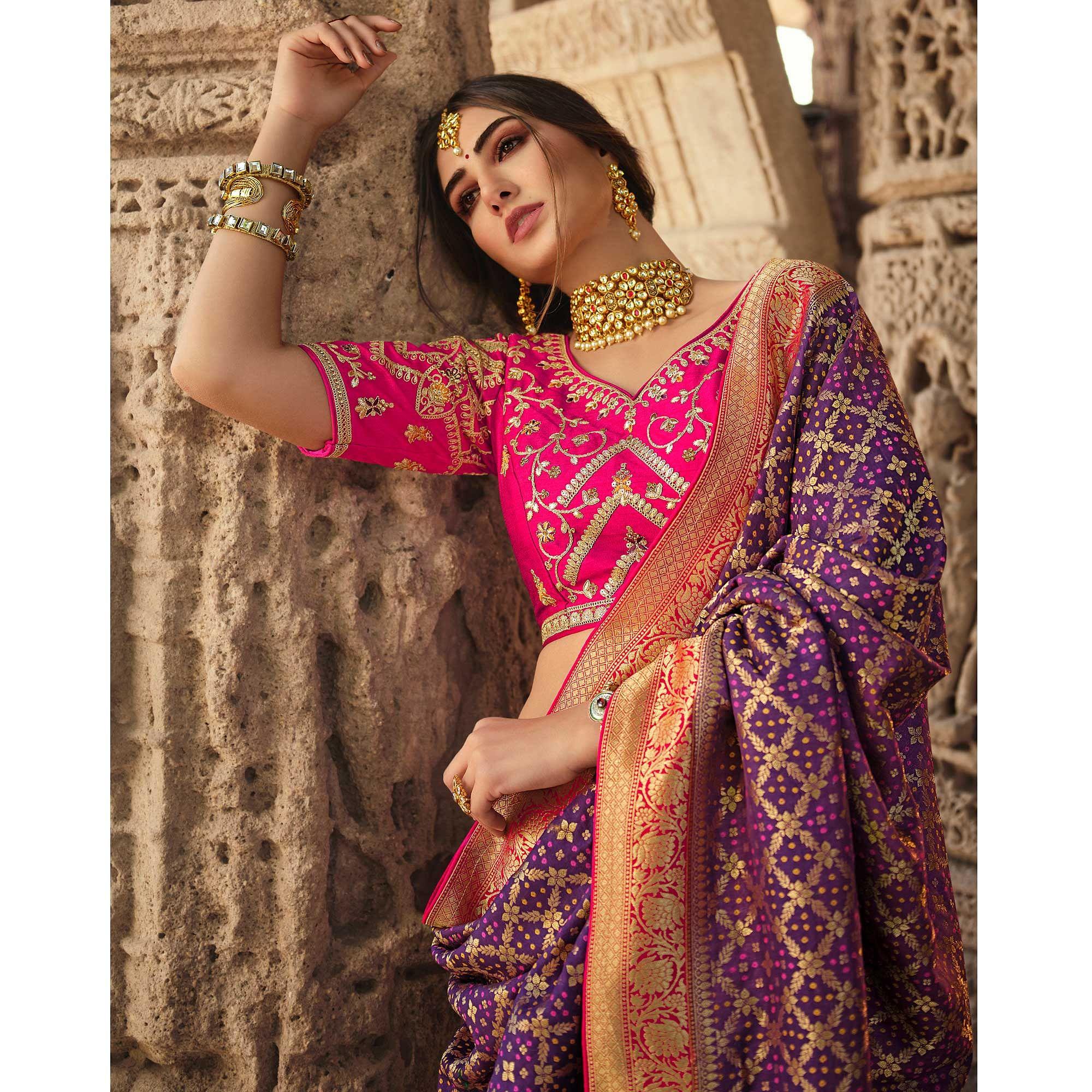 Purple Wedding Wear Woven Silk Saree With Tassels - Peachmode