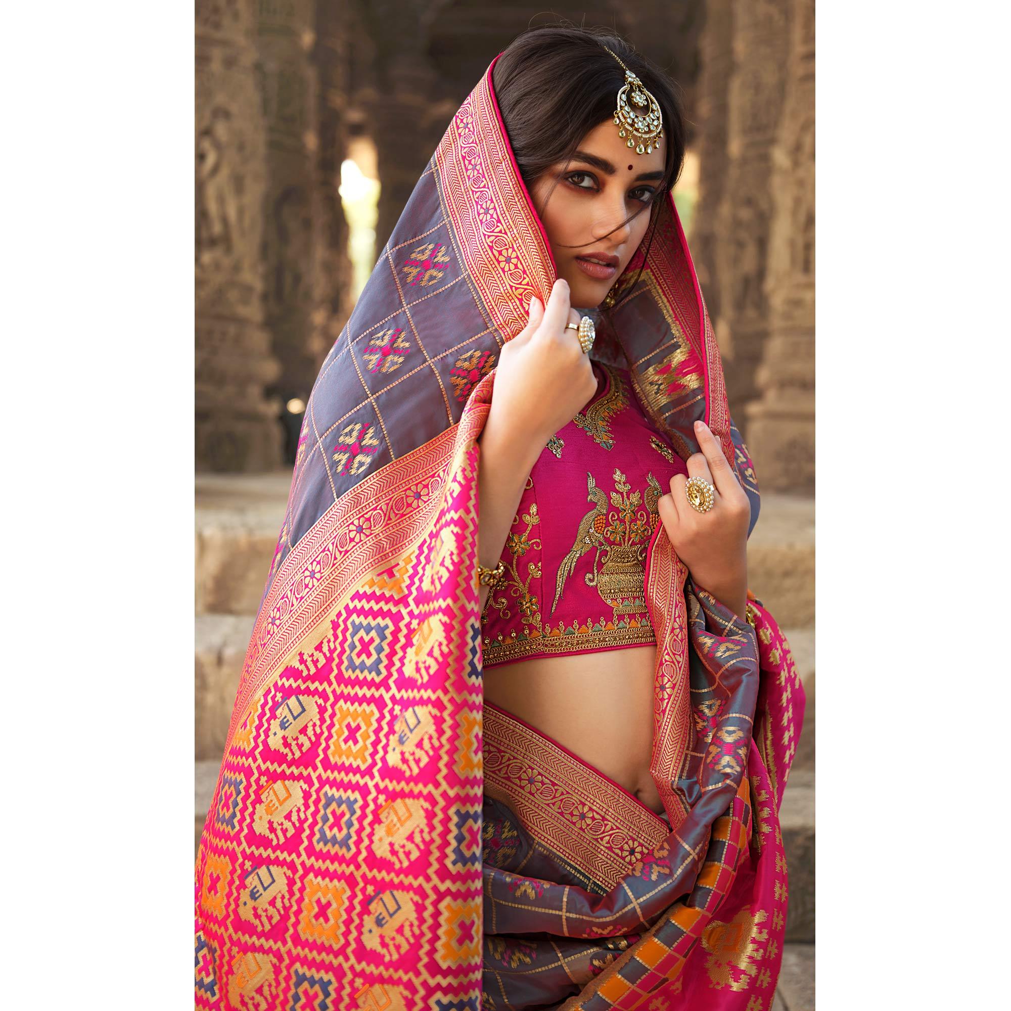 Purple Wedding Wear Woven Silk Saree With Tassels - Peachmode