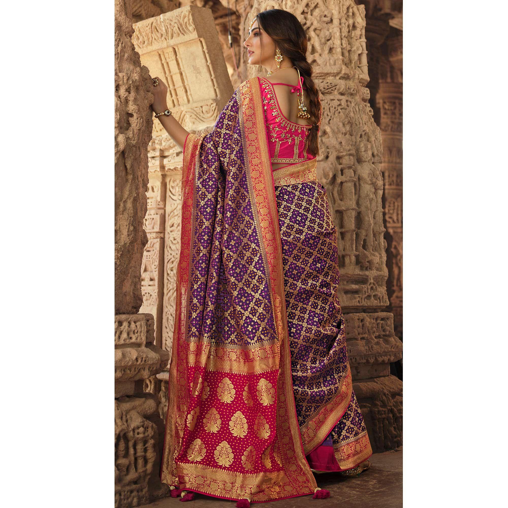 Purple Wedding Wear Woven Silk Saree With Tassels - Peachmode