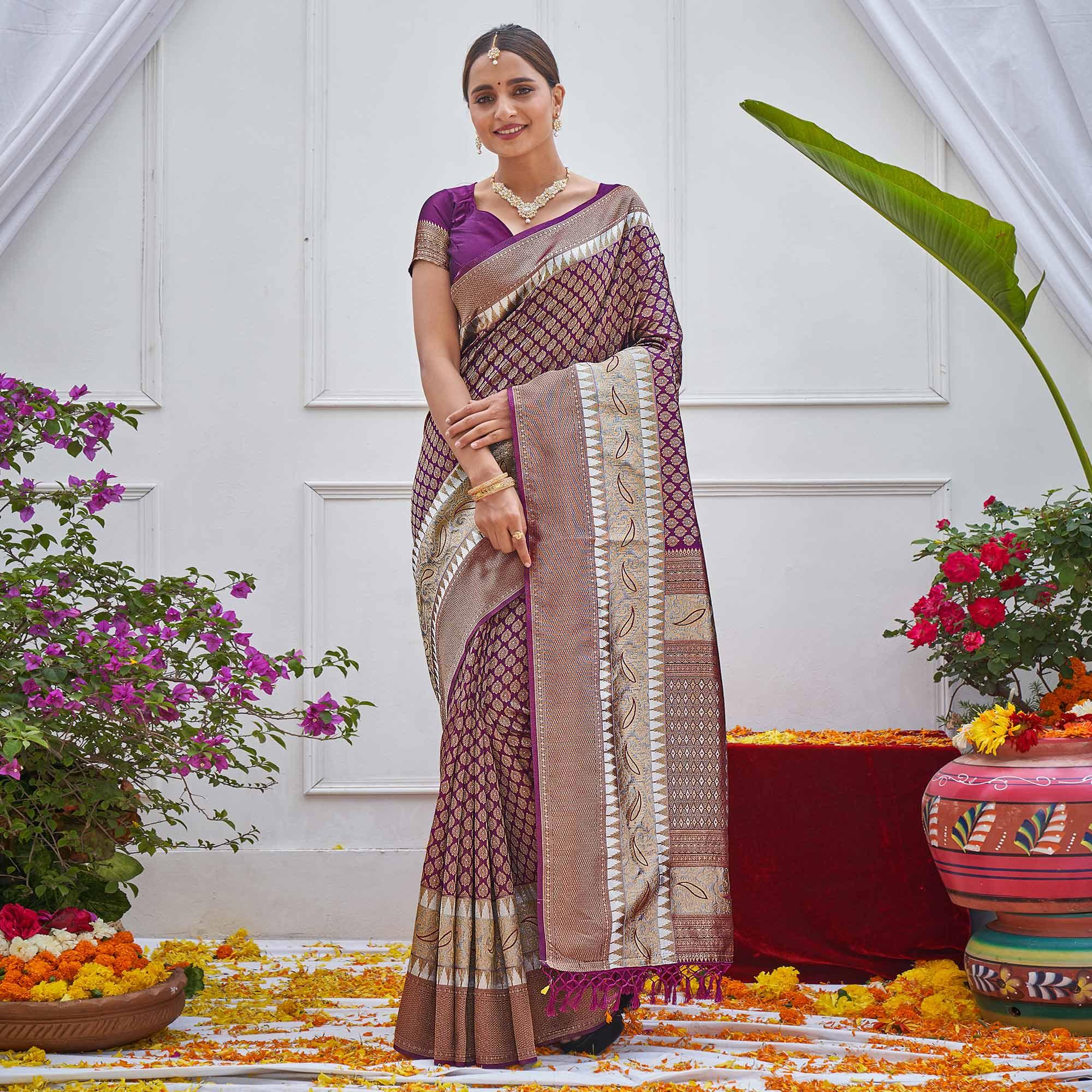 Purple Woven Art Silk Saree - Peachmode