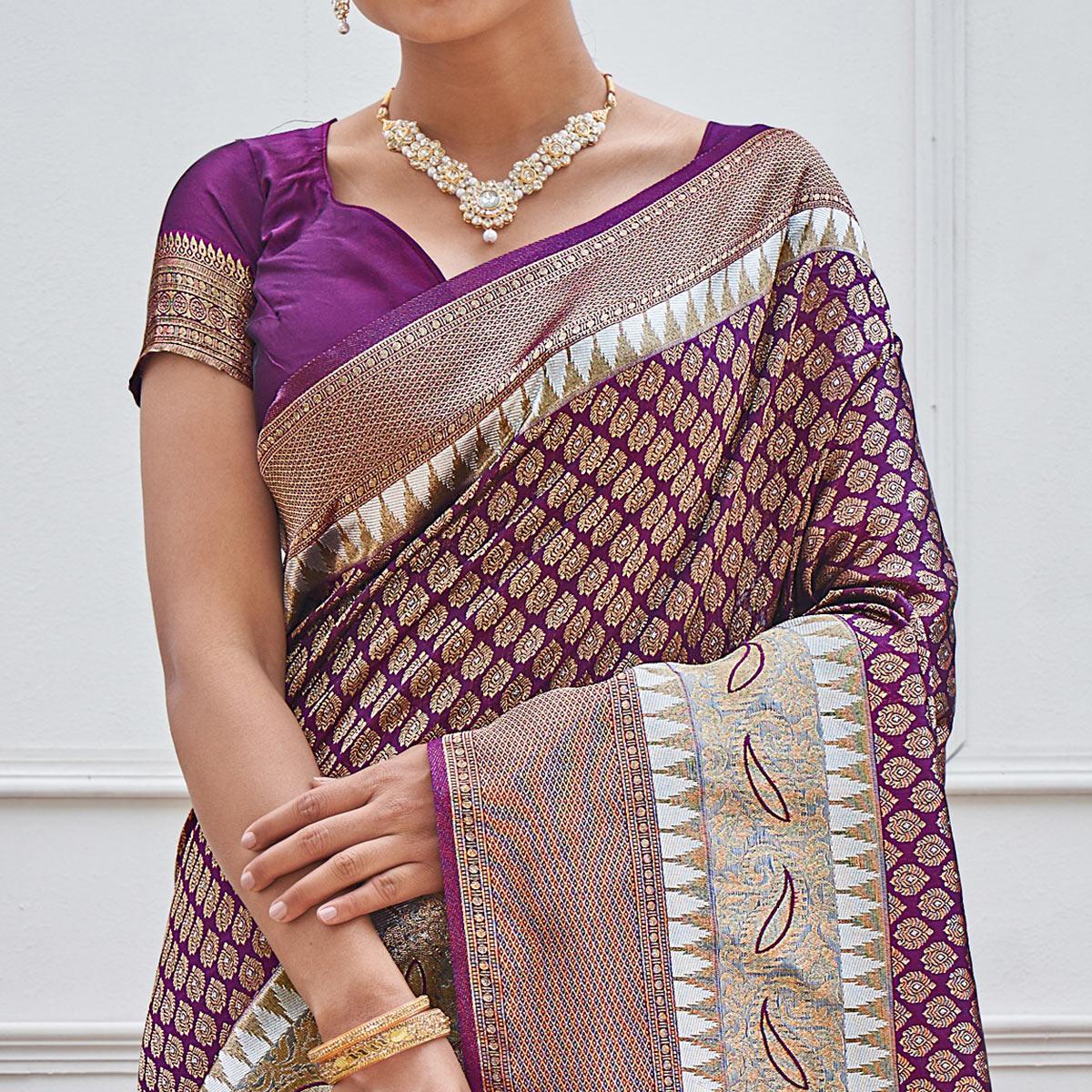 Purple Woven Art Silk Saree - Peachmode