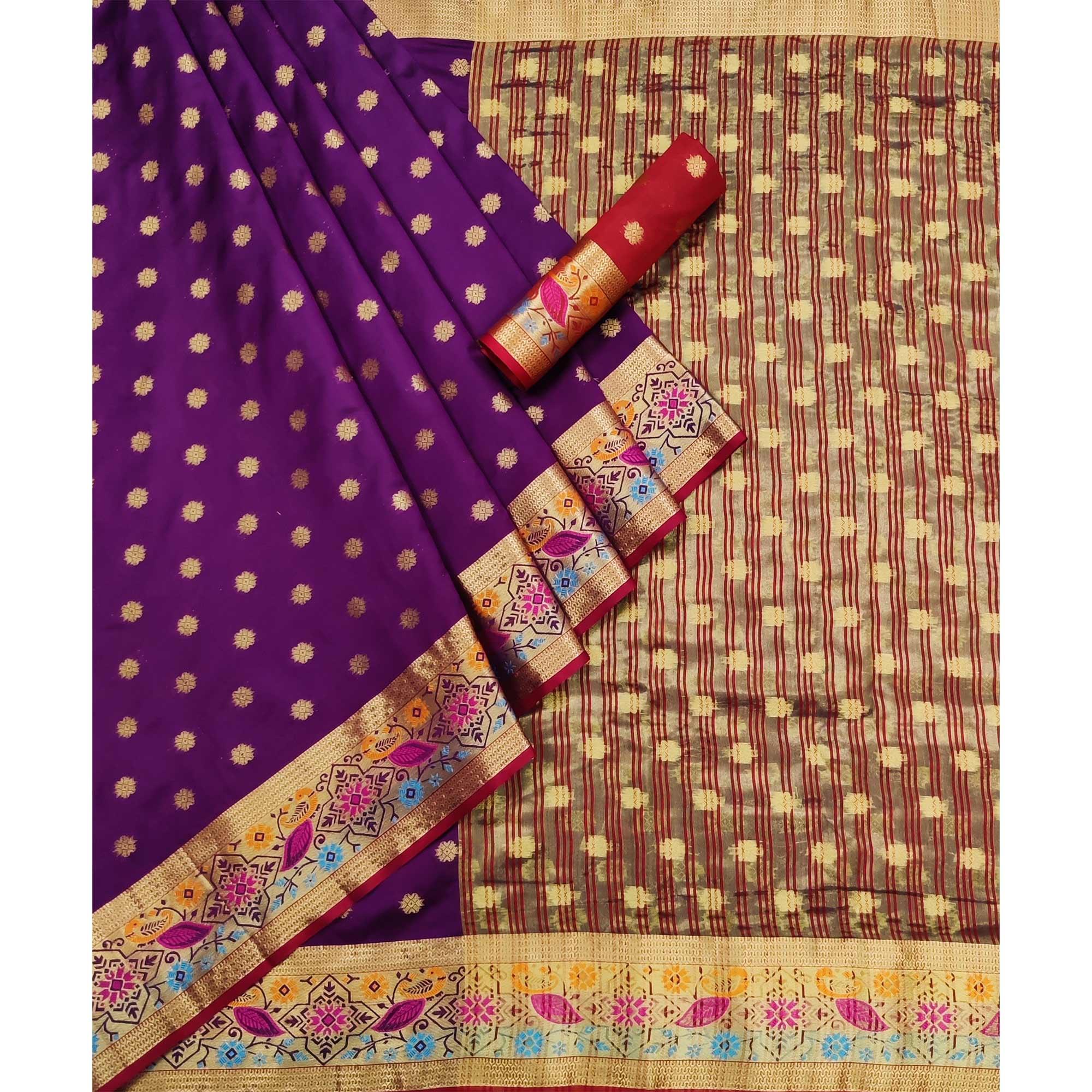 Purple Woven Art Silk Saree - Peachmode