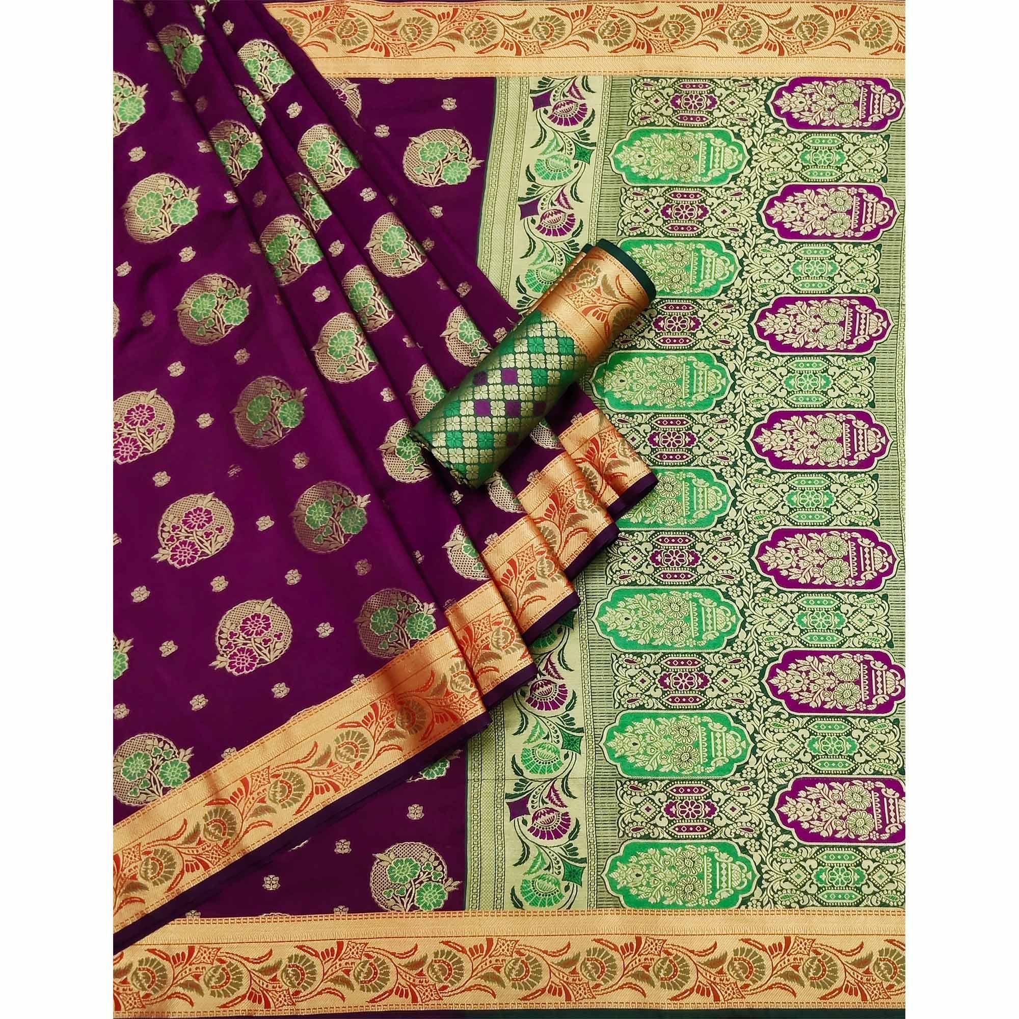 Purple Woven Art Silk Saree - Peachmode