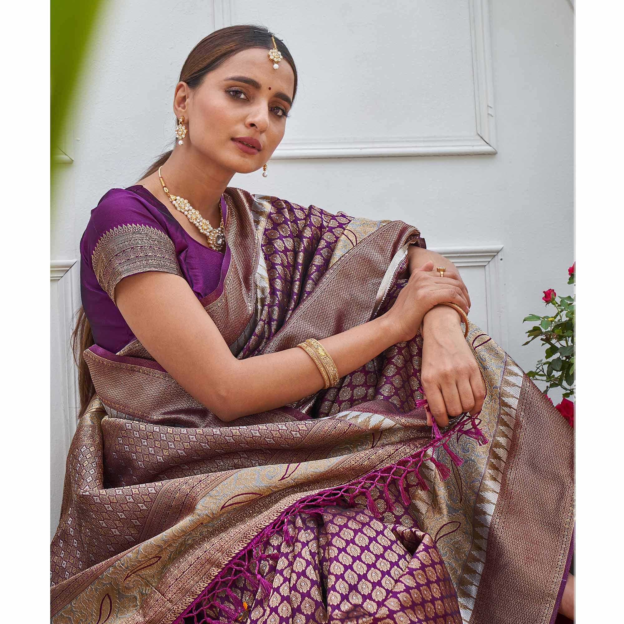 Purple Woven Art Silk Saree - Peachmode
