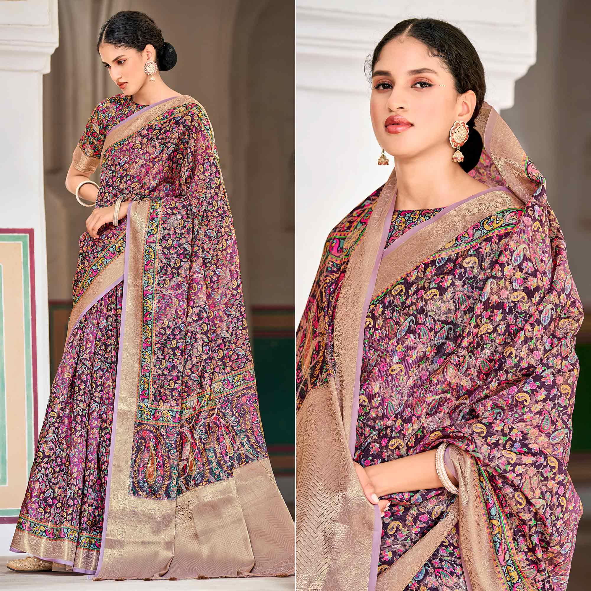 Purple Woven Art Silk Saree With Tassels - Peachmode