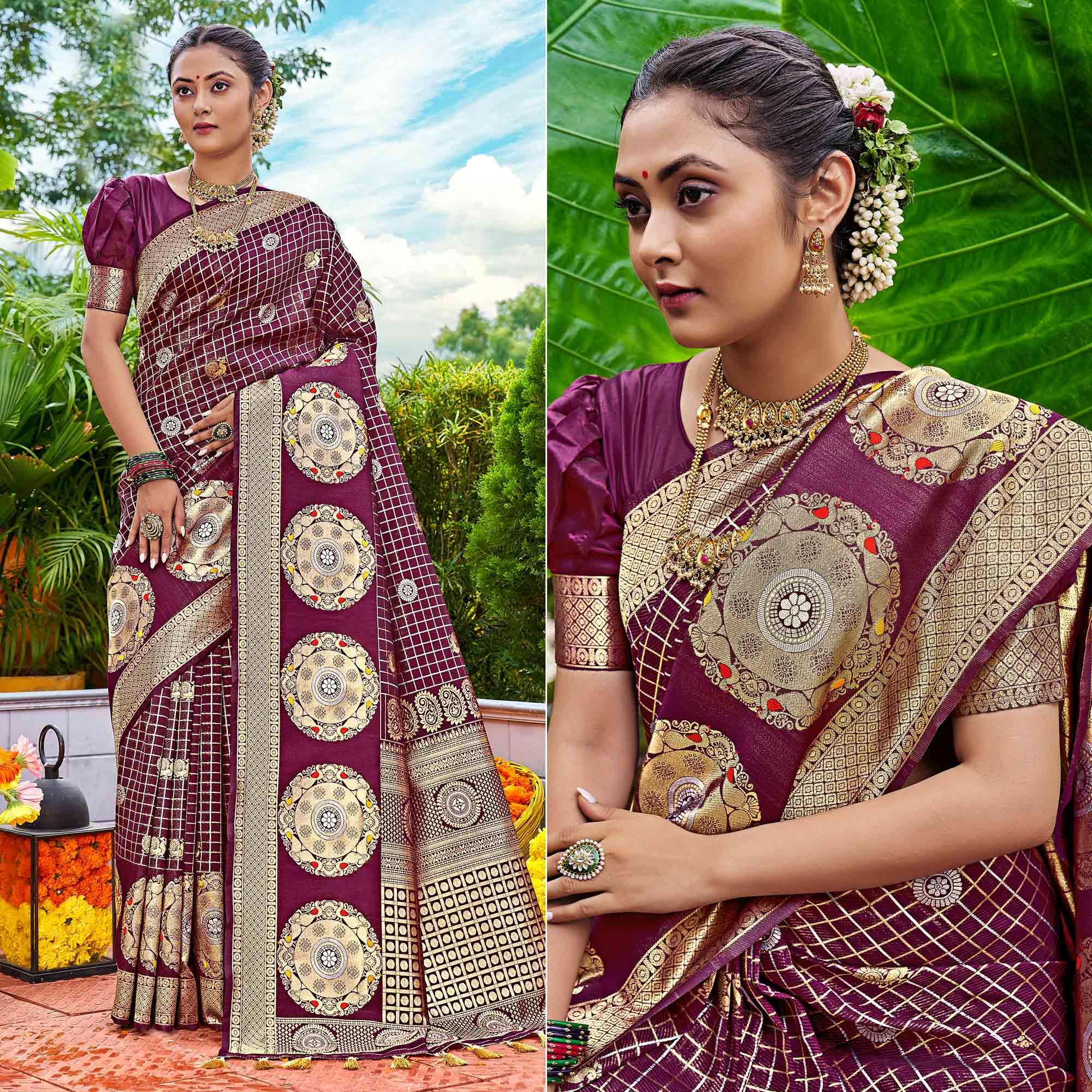 Purple Woven Art Silk Saree With Tassels - Peachmode