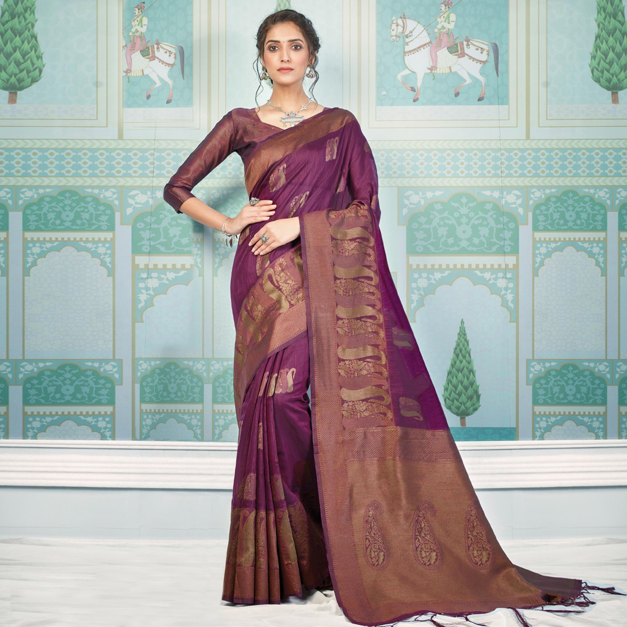 Purple Woven Art Silk Saree With Tassels - Peachmode