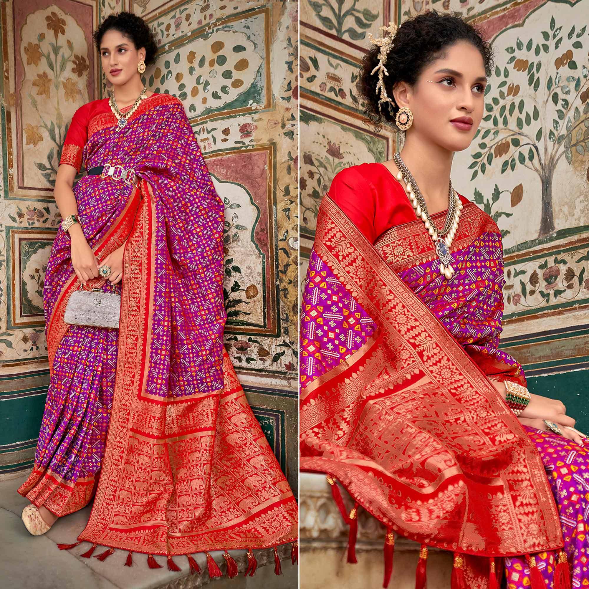 Purple Woven Art Silk Saree With Tassels - Peachmode