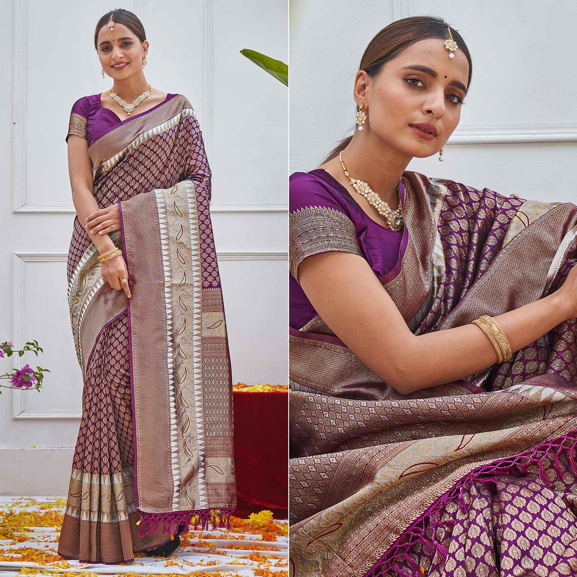 Purple Woven Art Silk Saree With Tassels - Peachmode
