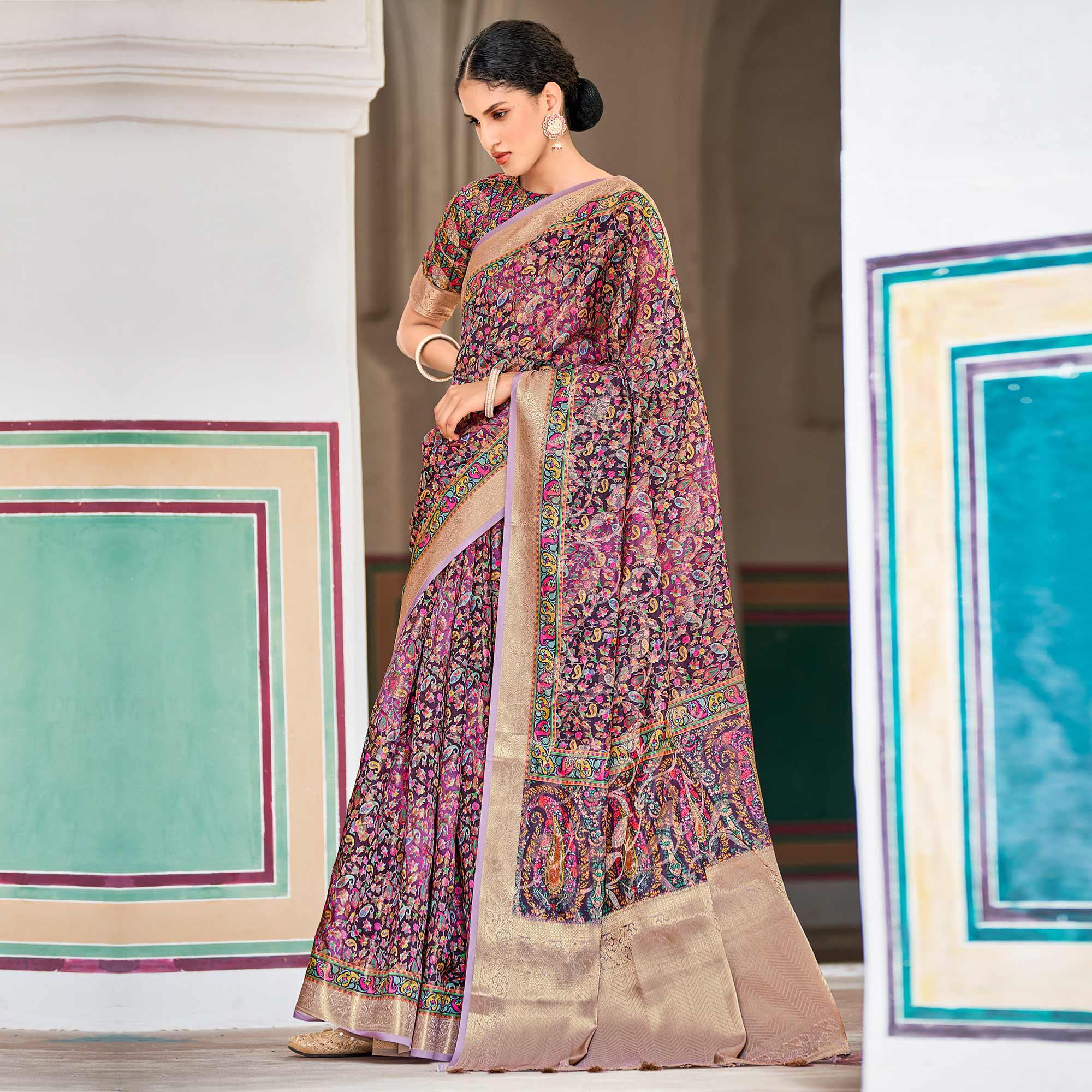 Purple Woven Art Silk Saree With Tassels - Peachmode