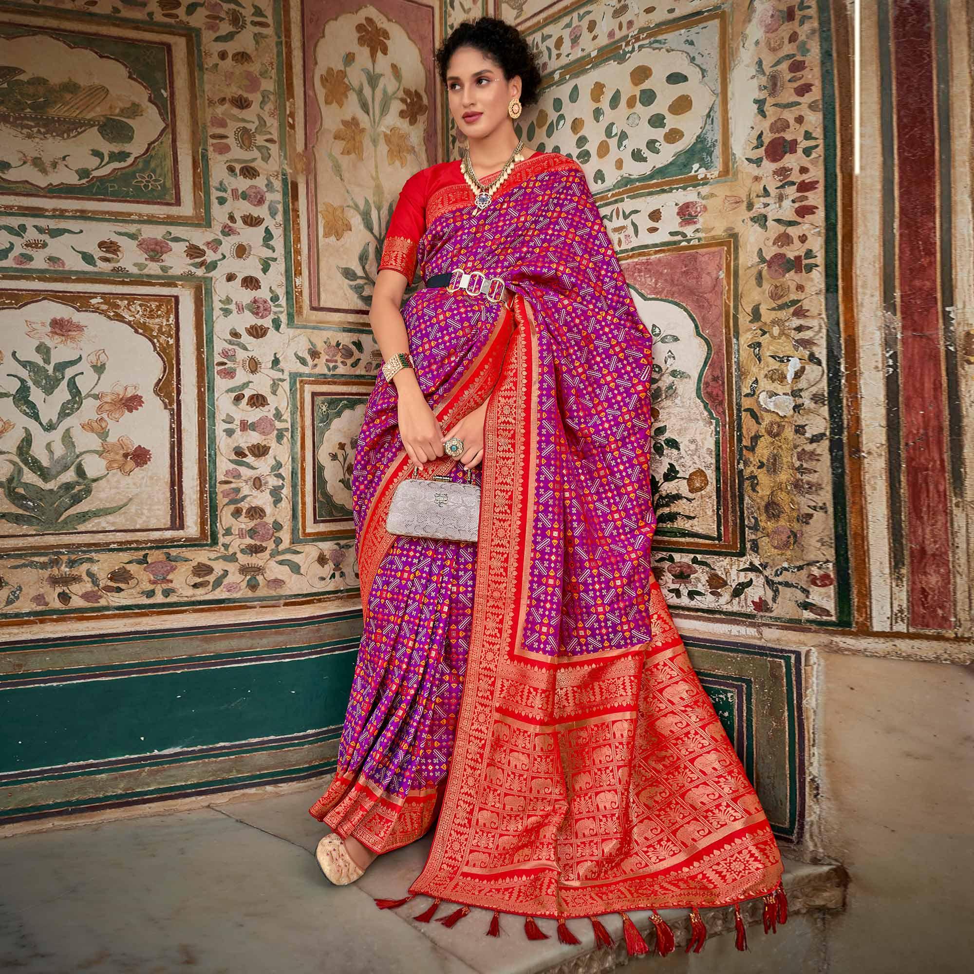 Purple Woven Art Silk Saree With Tassels - Peachmode