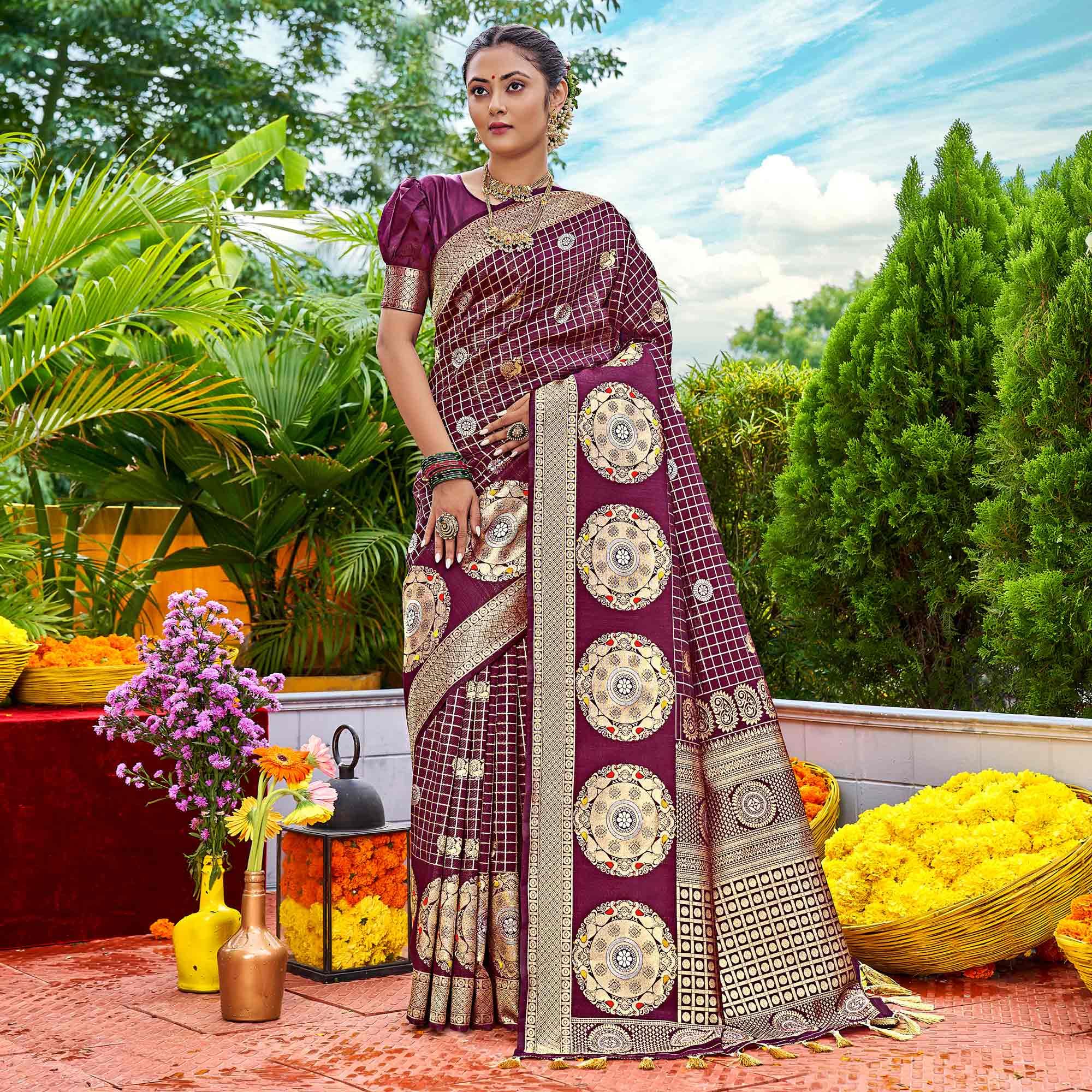 Purple Woven Art Silk Saree With Tassels - Peachmode