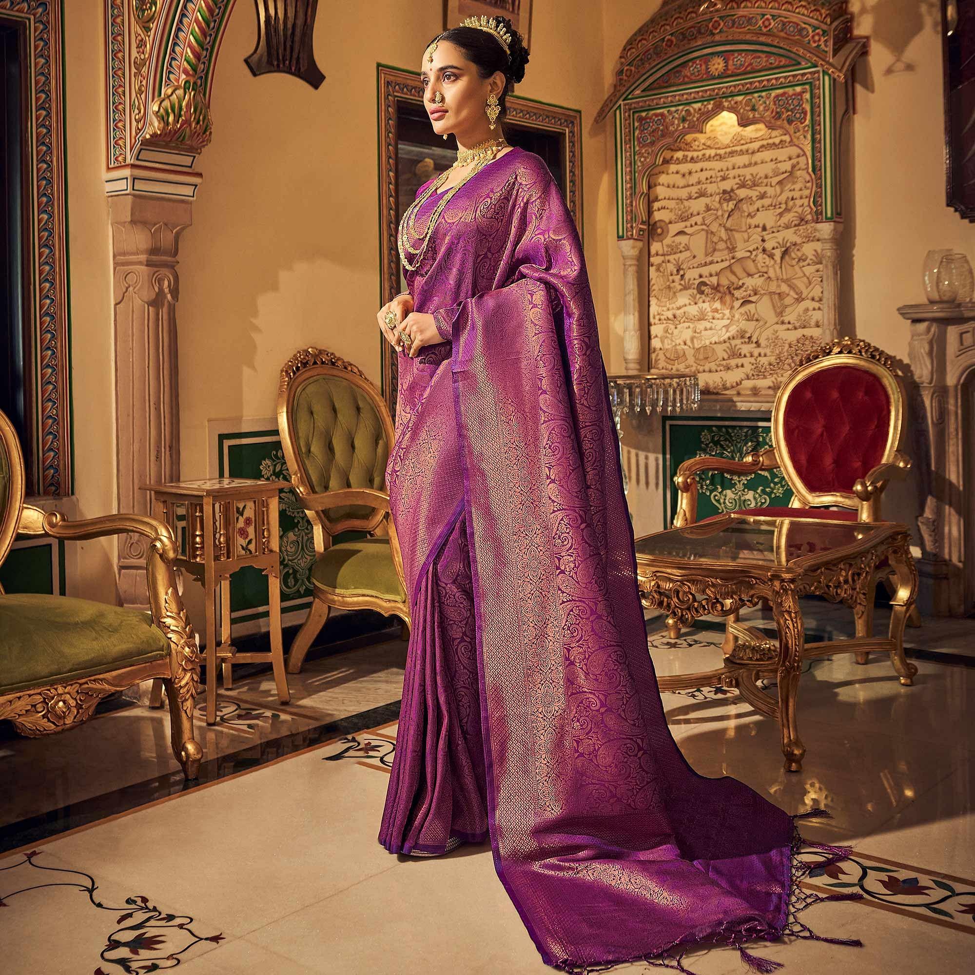Purple Woven Art Silk Saree With Tassels - Peachmode