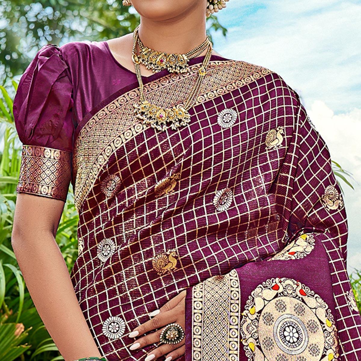 Purple Woven Art Silk Saree With Tassels - Peachmode