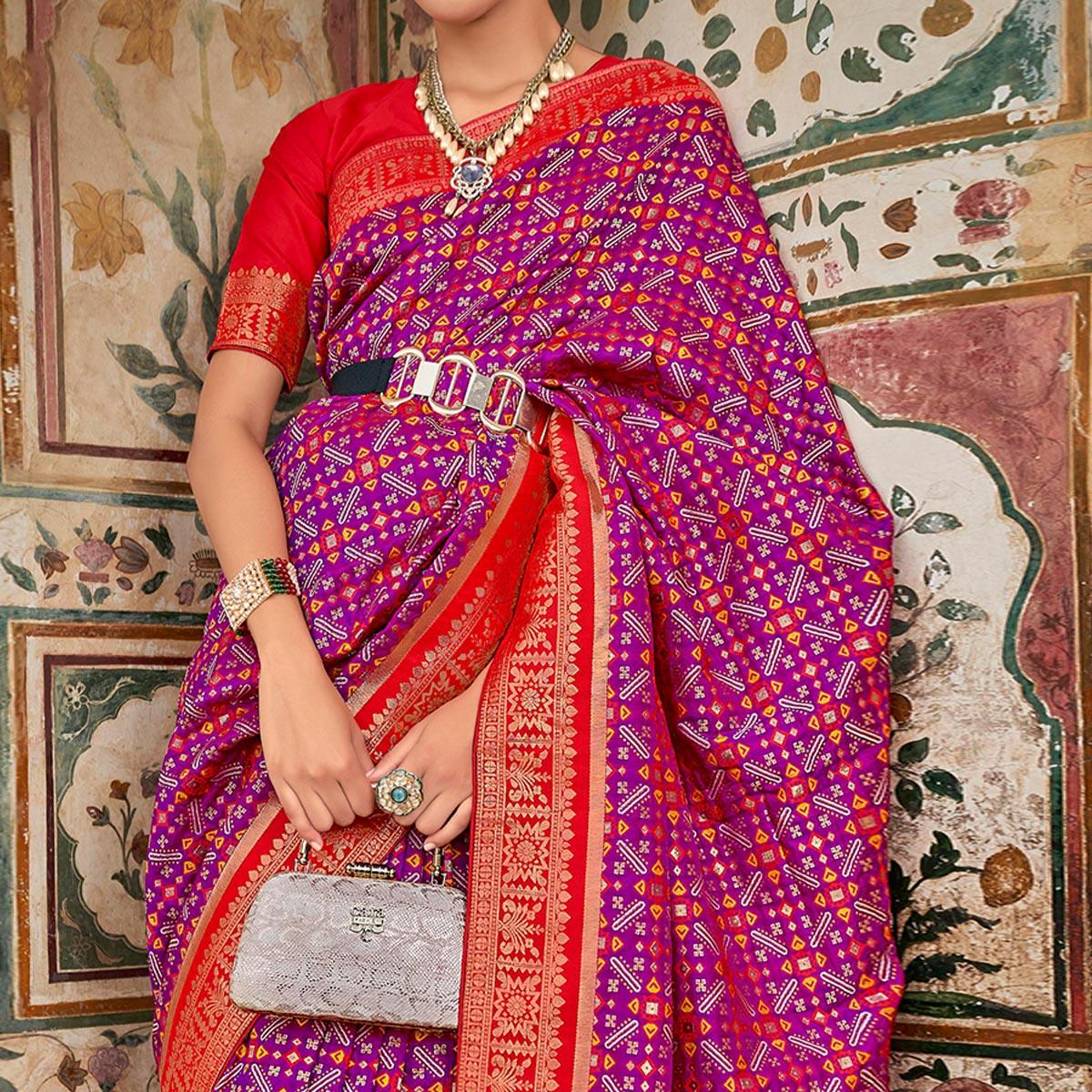 Purple Woven Art Silk Saree With Tassels - Peachmode