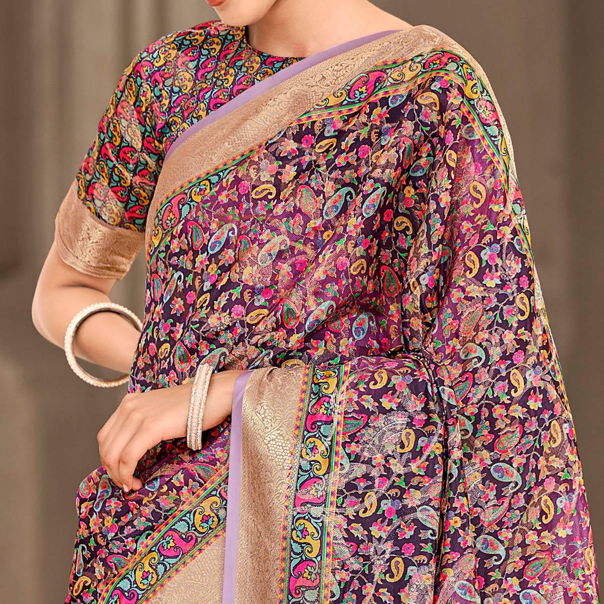 Purple Woven Art Silk Saree With Tassels - Peachmode