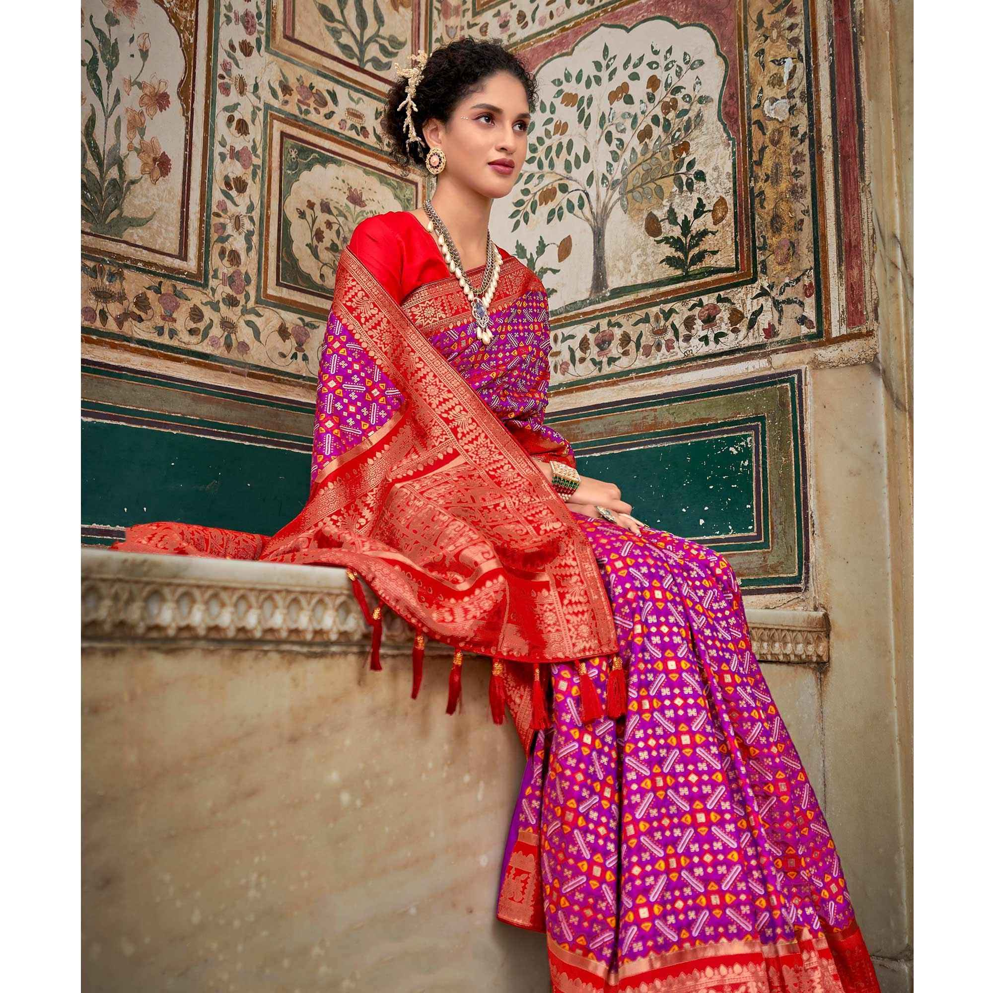 Purple Woven Art Silk Saree With Tassels - Peachmode