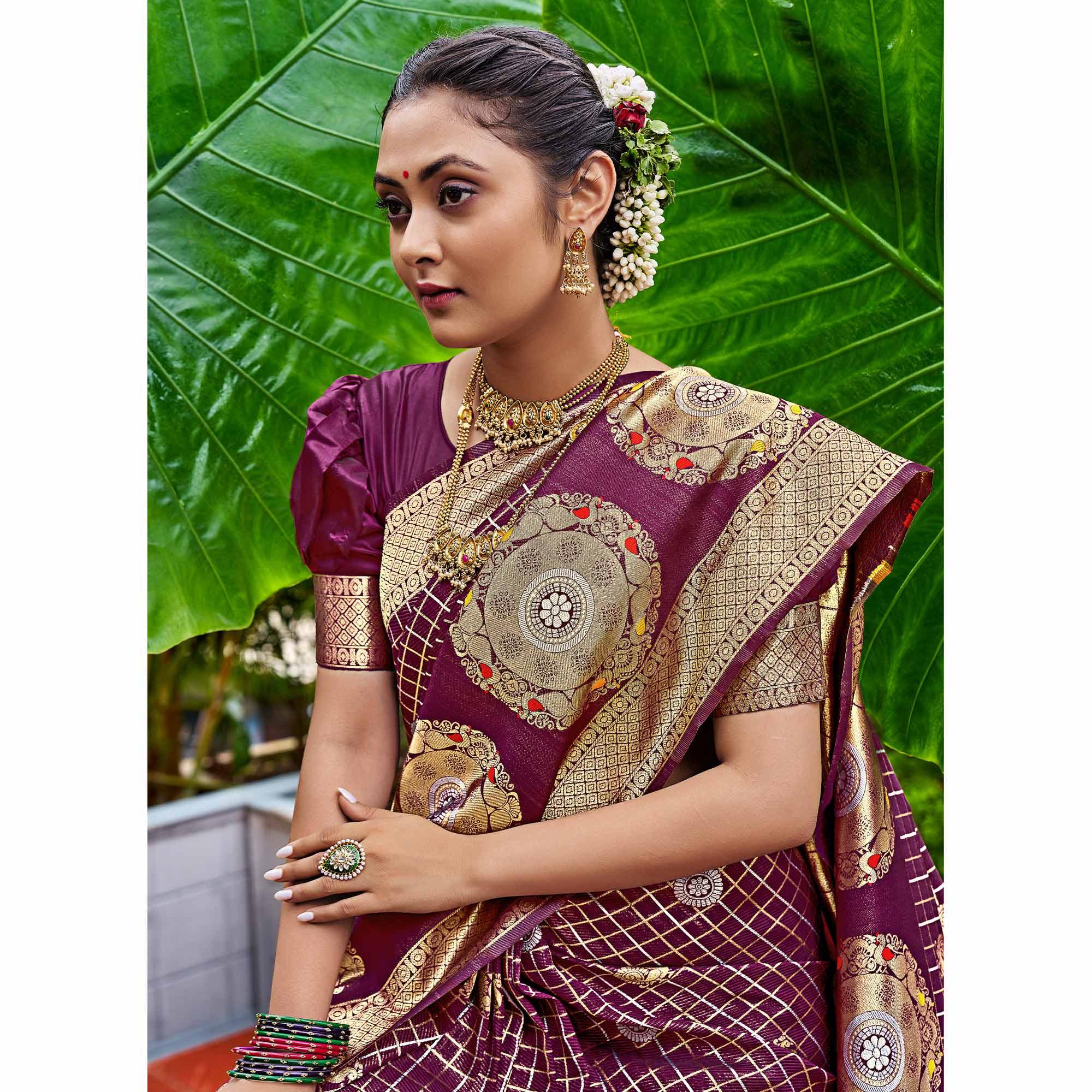 Purple Woven Art Silk Saree With Tassels - Peachmode