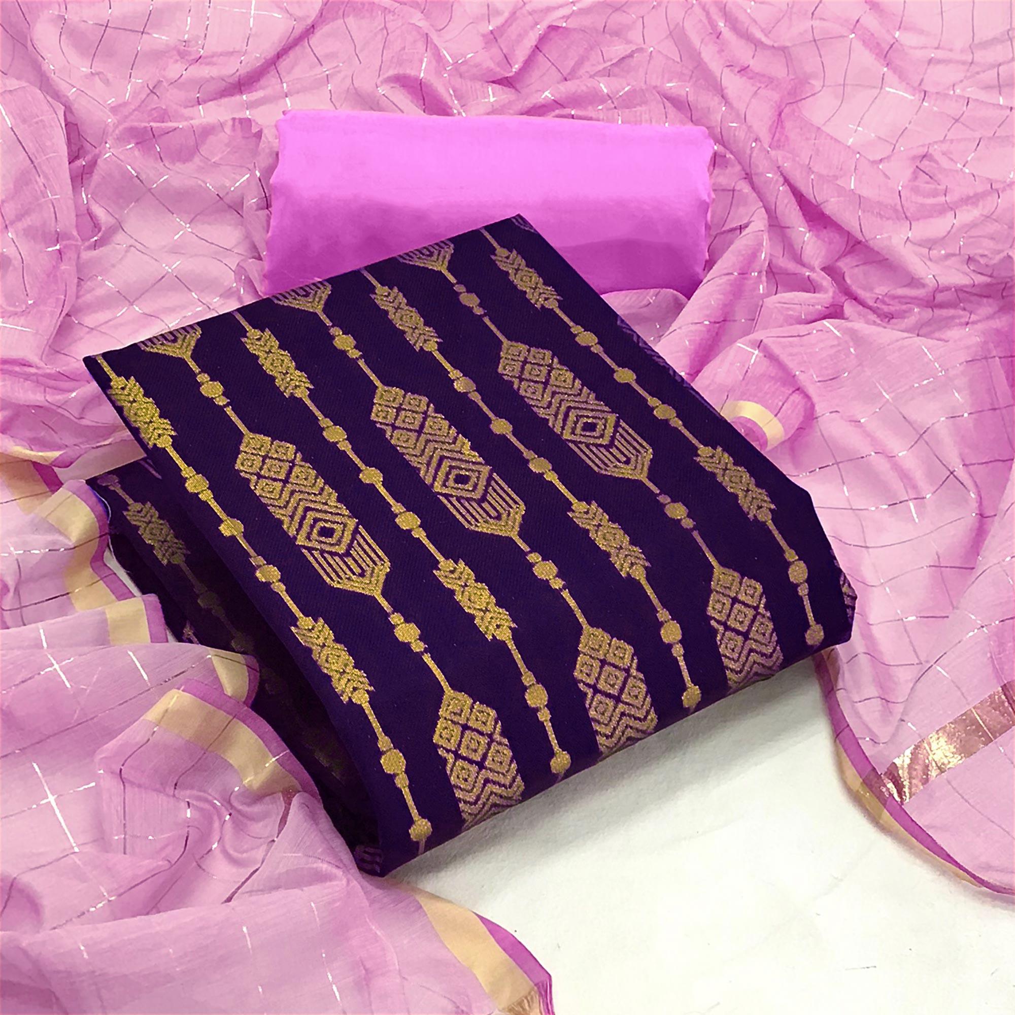 Purple Woven Banarasi Silk Dress Material - Peachmode