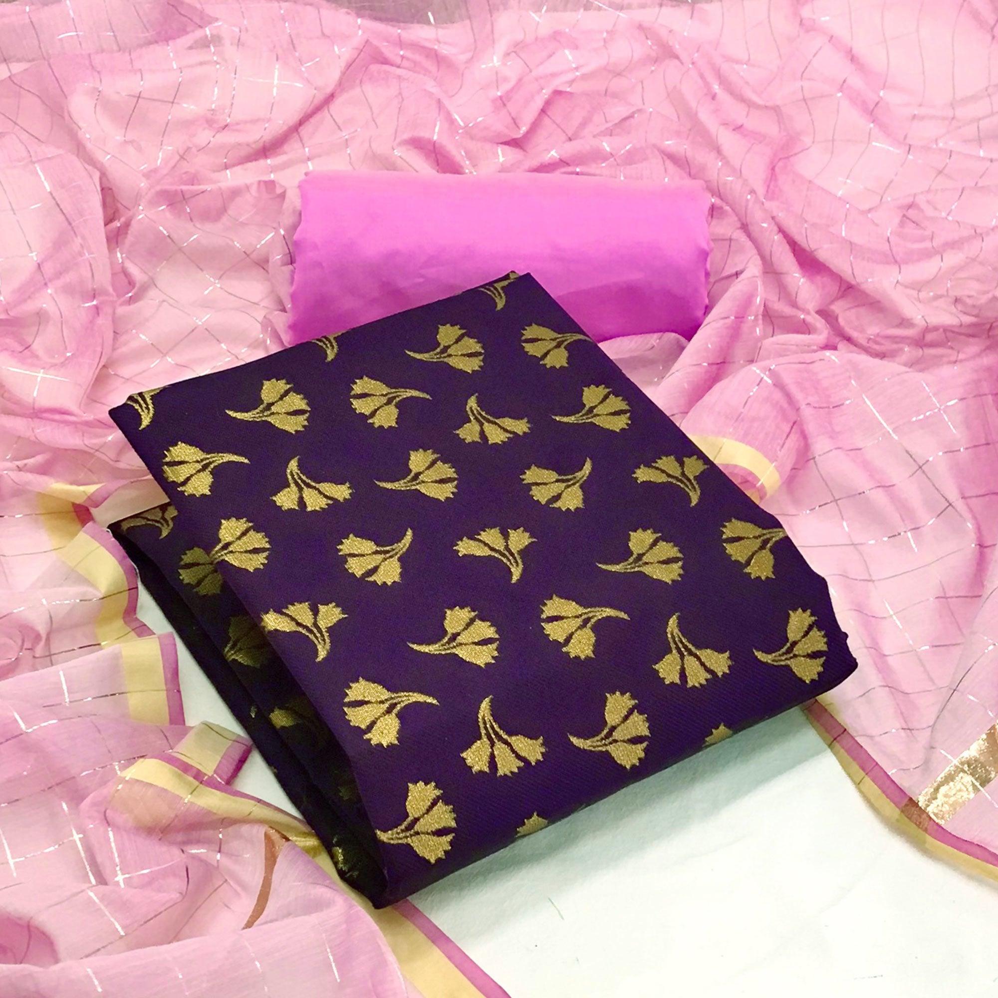 Purple Woven Banarasi Silk Dress Material - Peachmode
