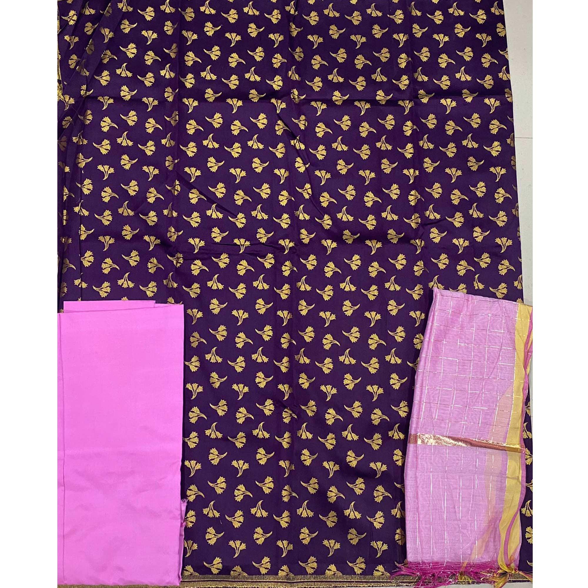 Purple Woven Banarasi Silk Dress Material - Peachmode