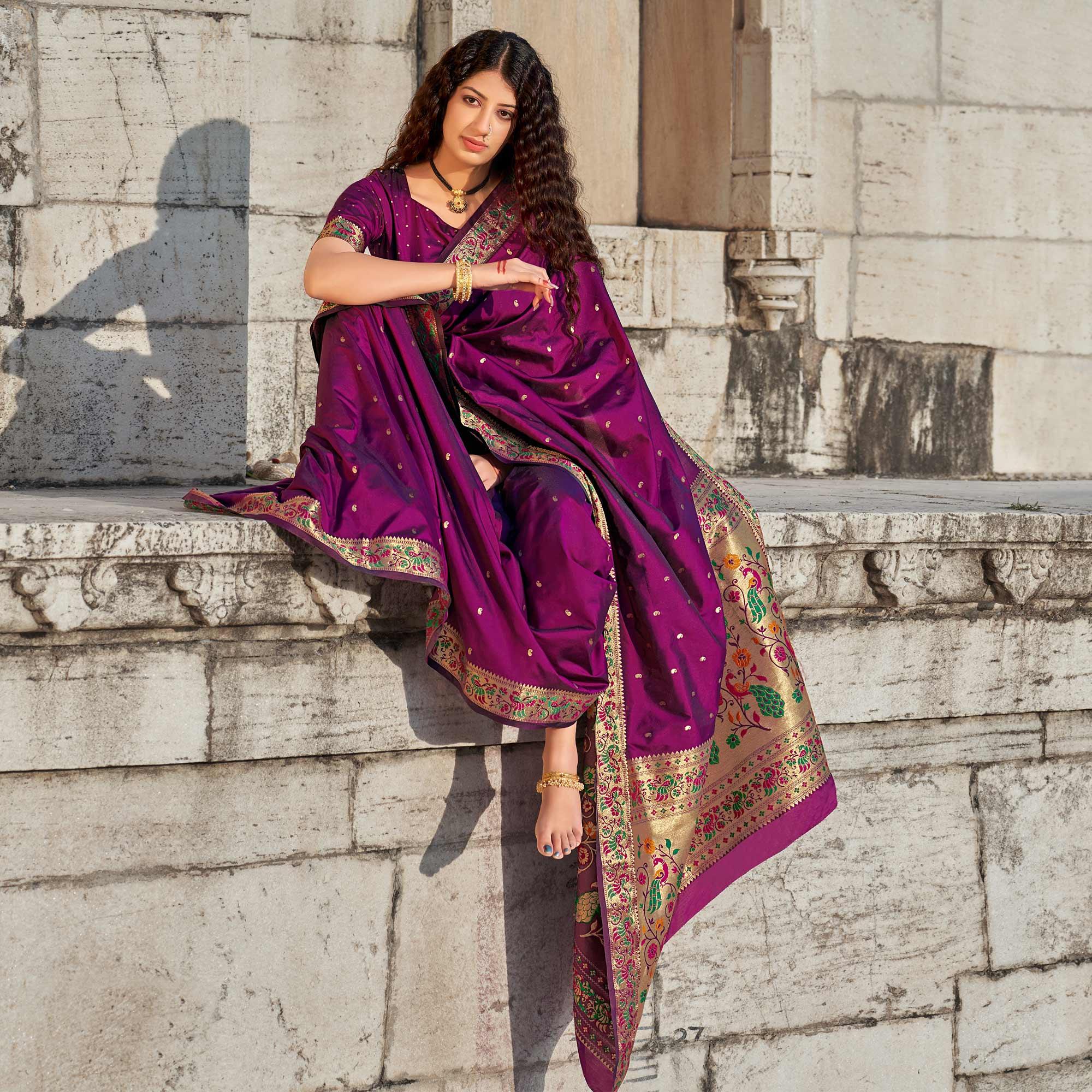 Purple Woven Banarasi Silk Paithani Saree - Peachmode