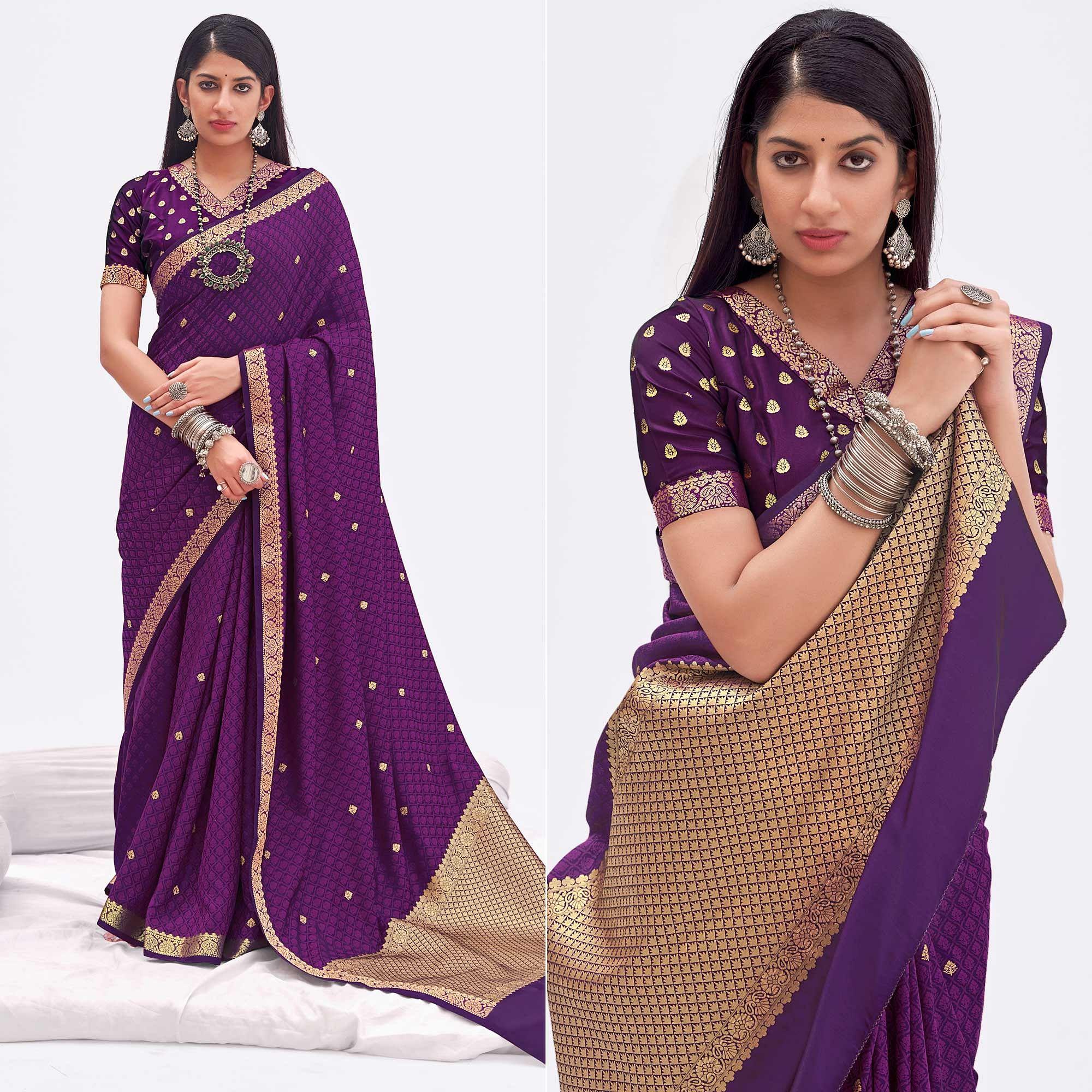 Purple Woven Banarasi Silk Saree - Peachmode