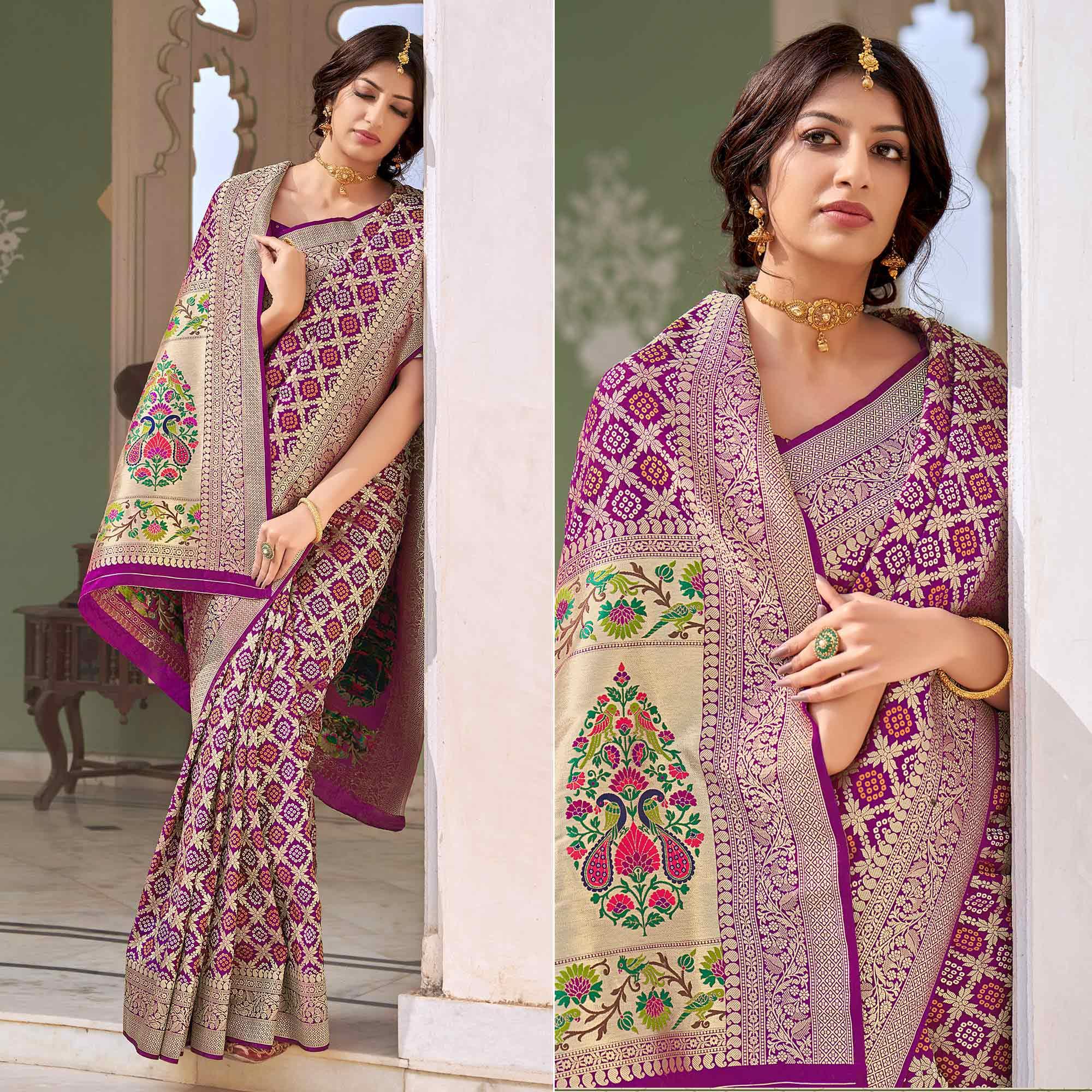Purple Woven Banarasi Silk Saree - Peachmode