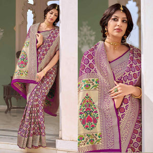 Purple Woven Banarasi Silk Saree - Peachmode