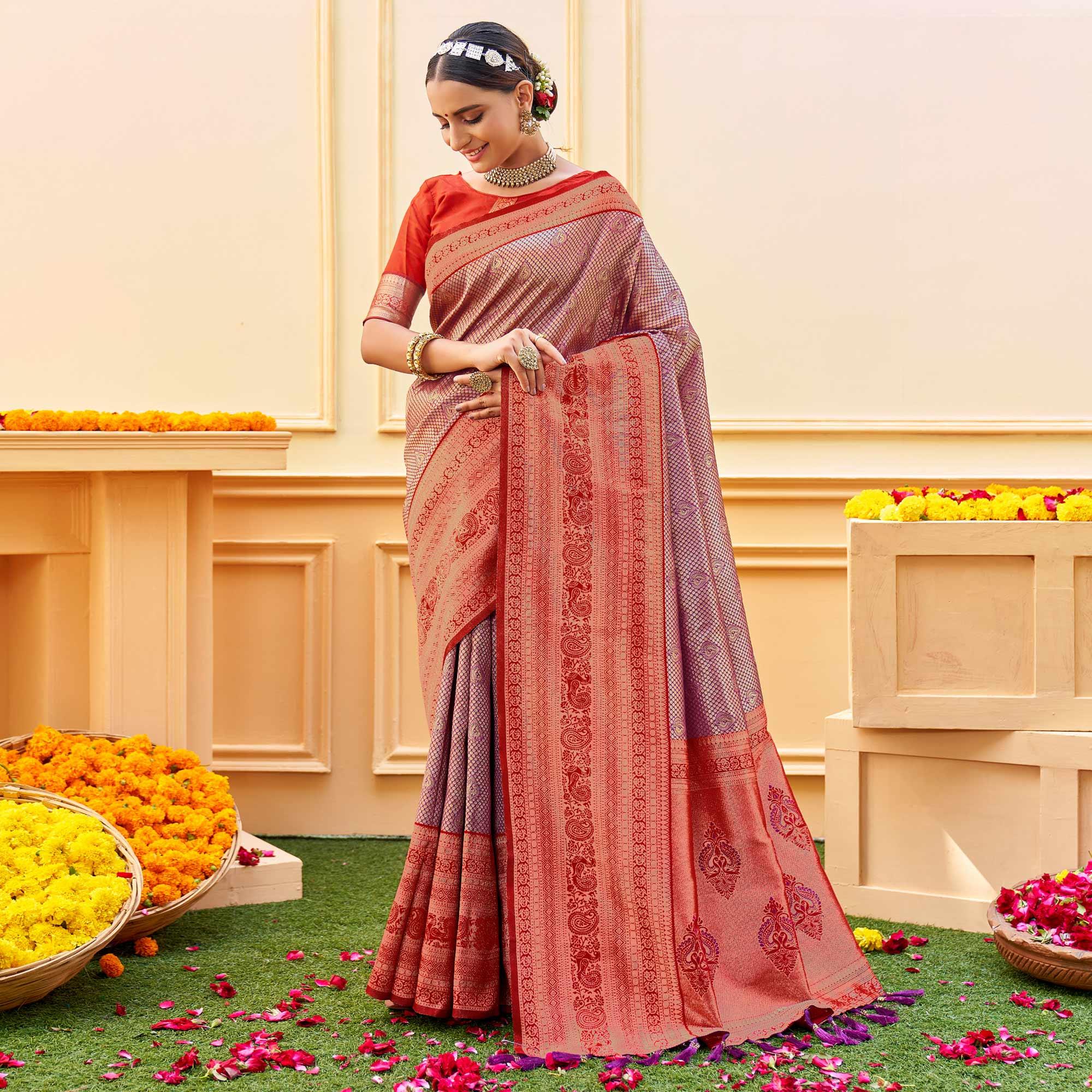 Purple Woven Banarasi Silk Saree - Peachmode