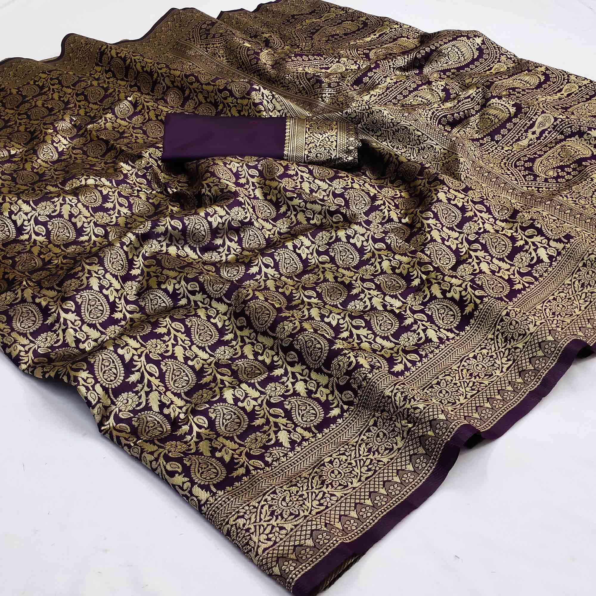 Purple Woven Banarasi Silk Saree - Peachmode