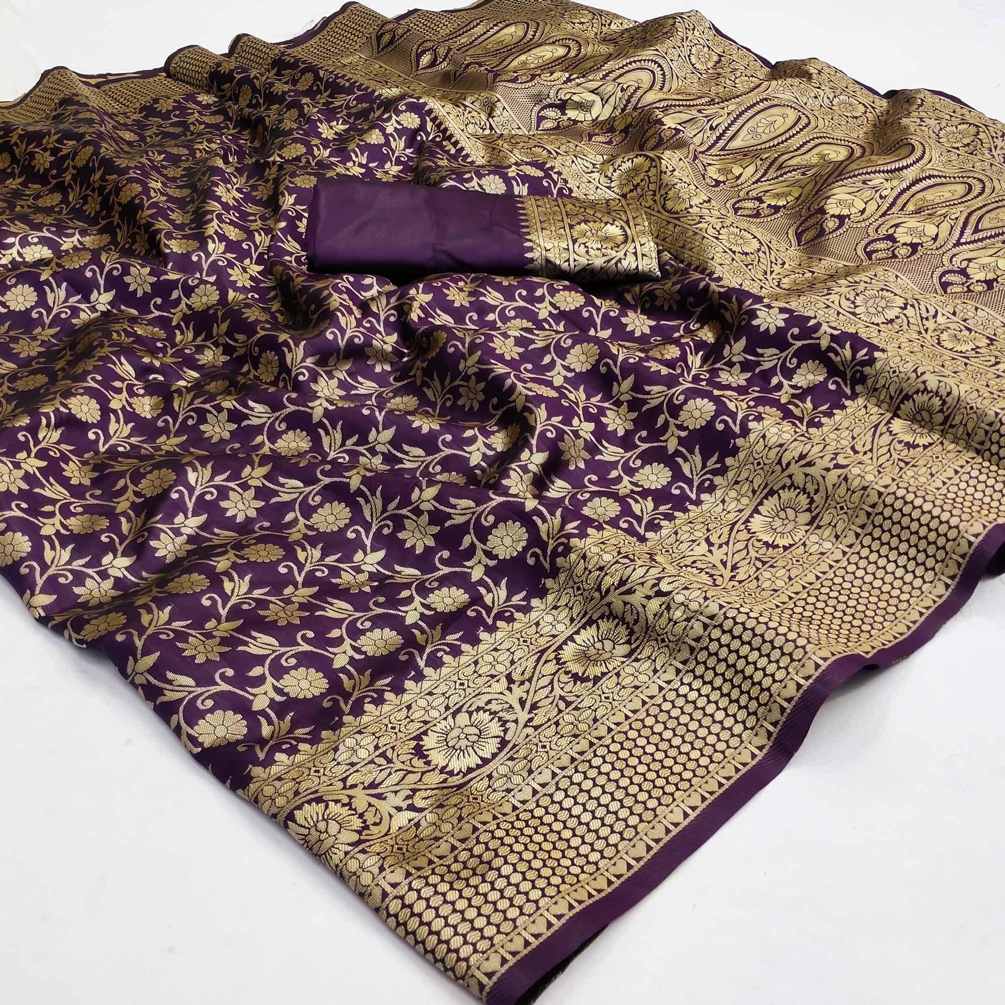 Purple Woven Banarasi Silk Saree - Peachmode