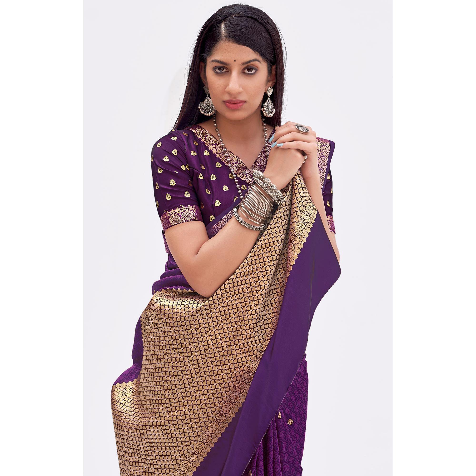 Purple Woven Banarasi Silk Saree - Peachmode