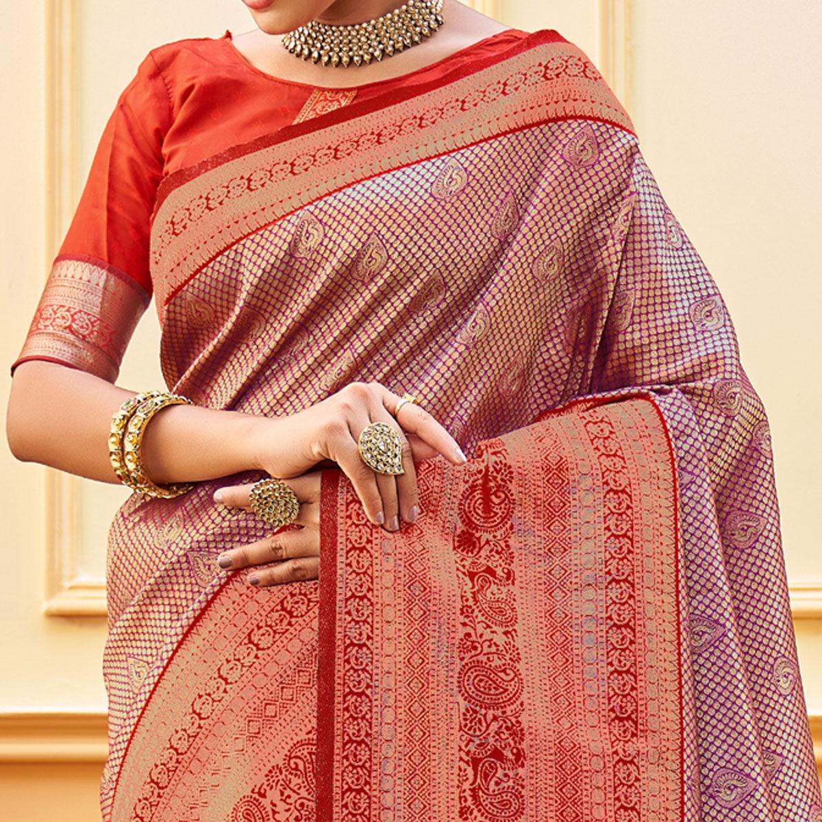 Purple Woven Banarasi Silk Saree - Peachmode