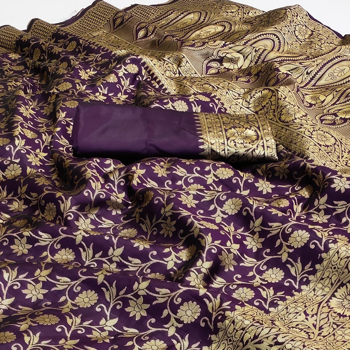 Purple Woven Banarasi Silk Saree - Peachmode