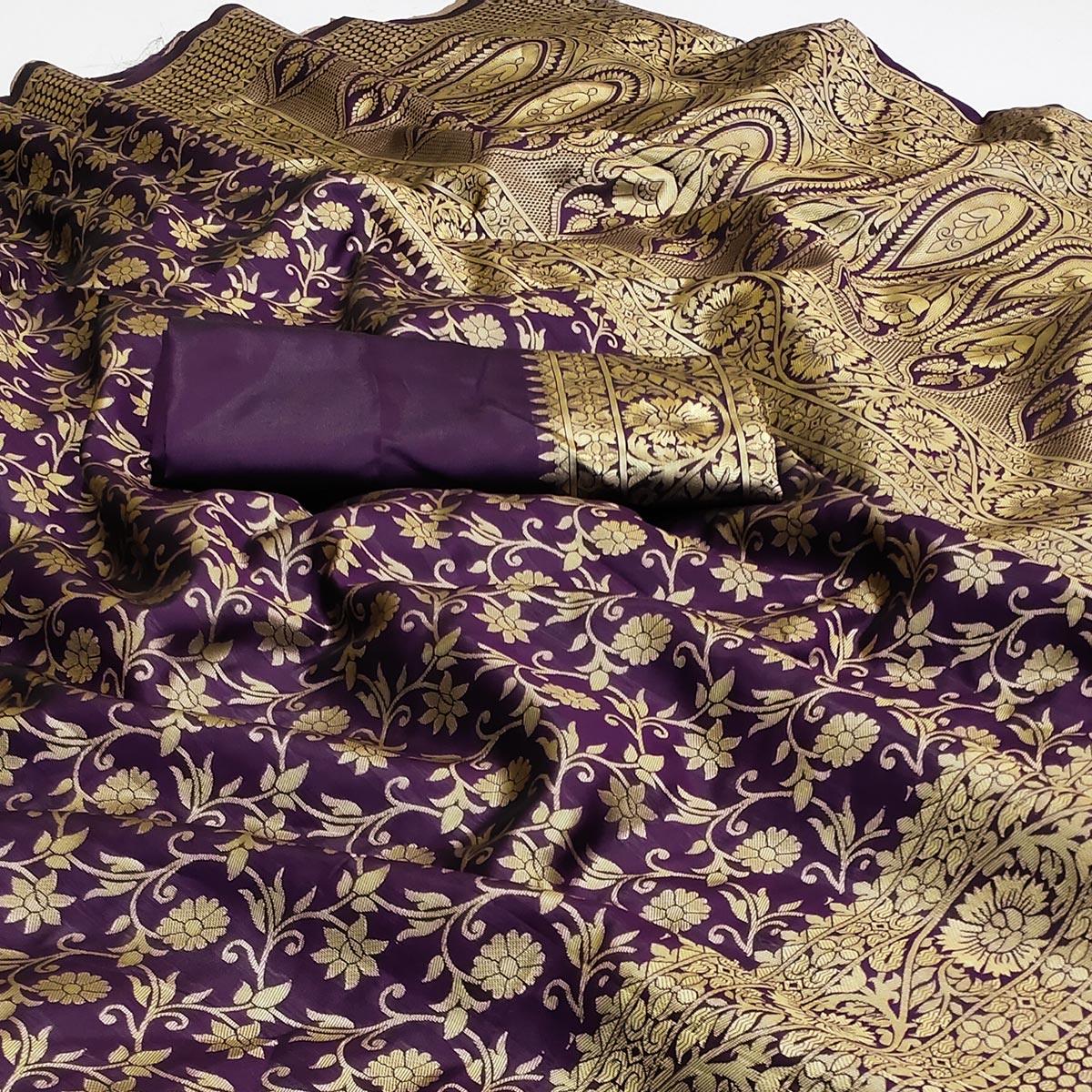 Purple Woven Banarasi Silk Saree - Peachmode