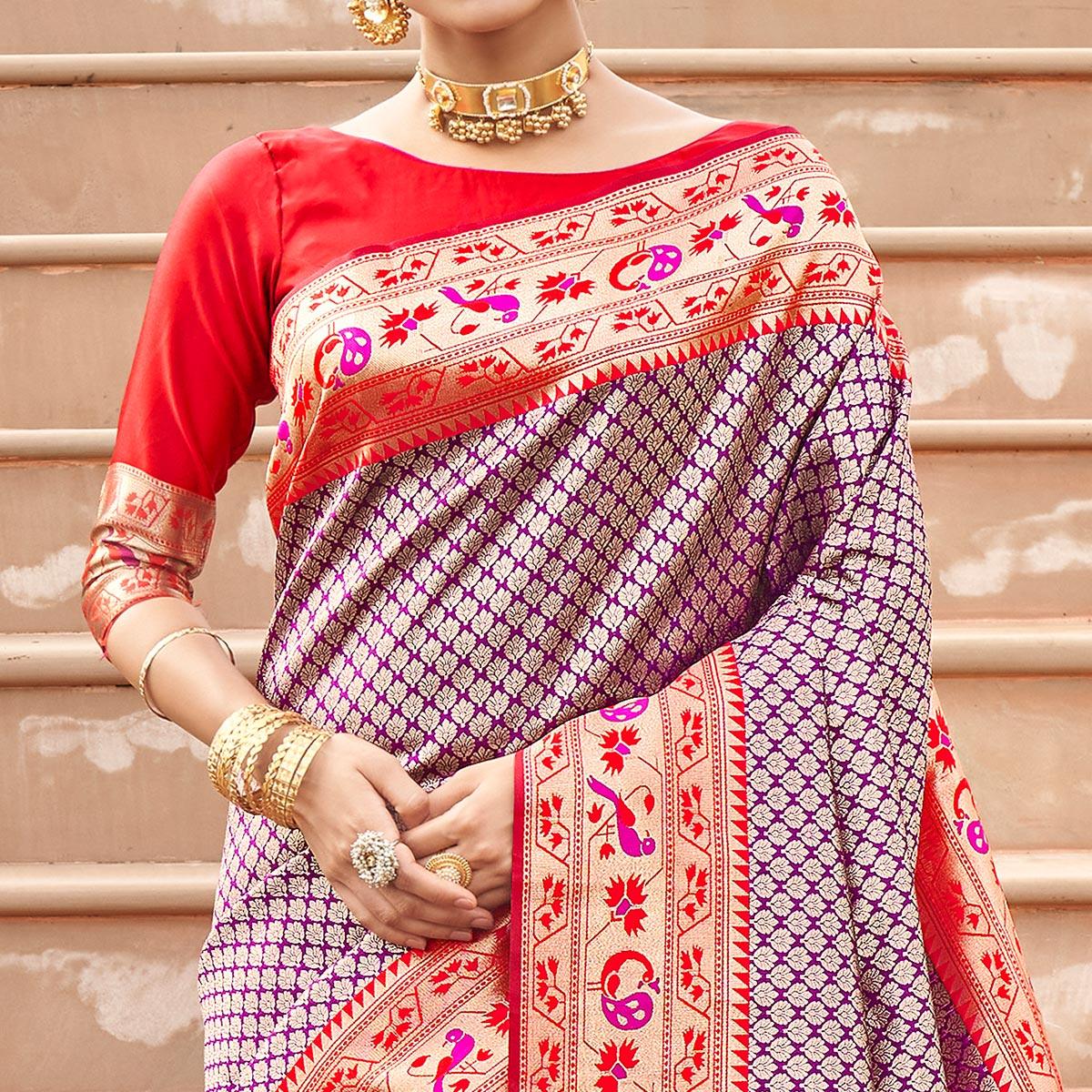 Purple Woven Banarasi Silk Saree - Peachmode