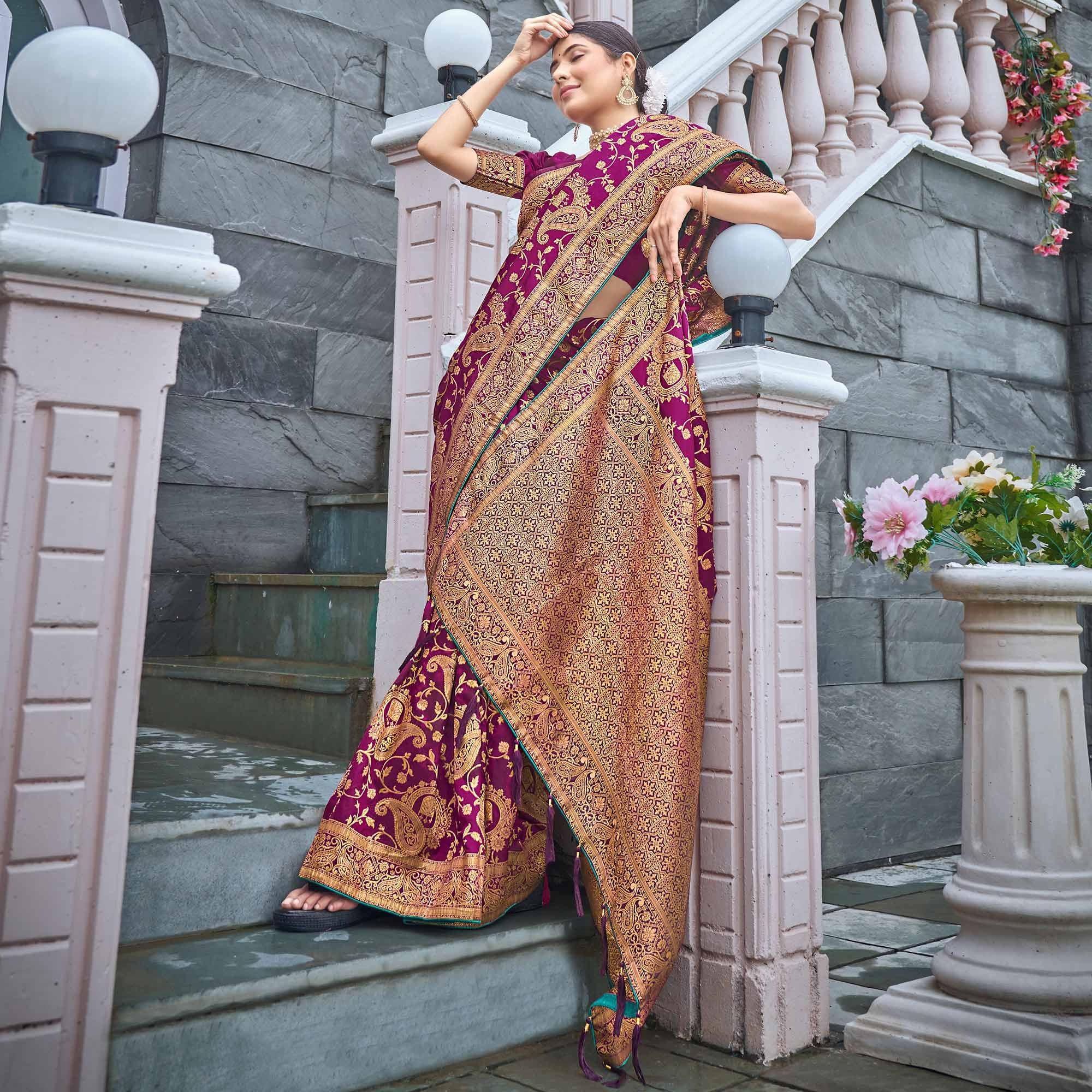 Purple Woven Banarasi Silk Saree - Peachmode