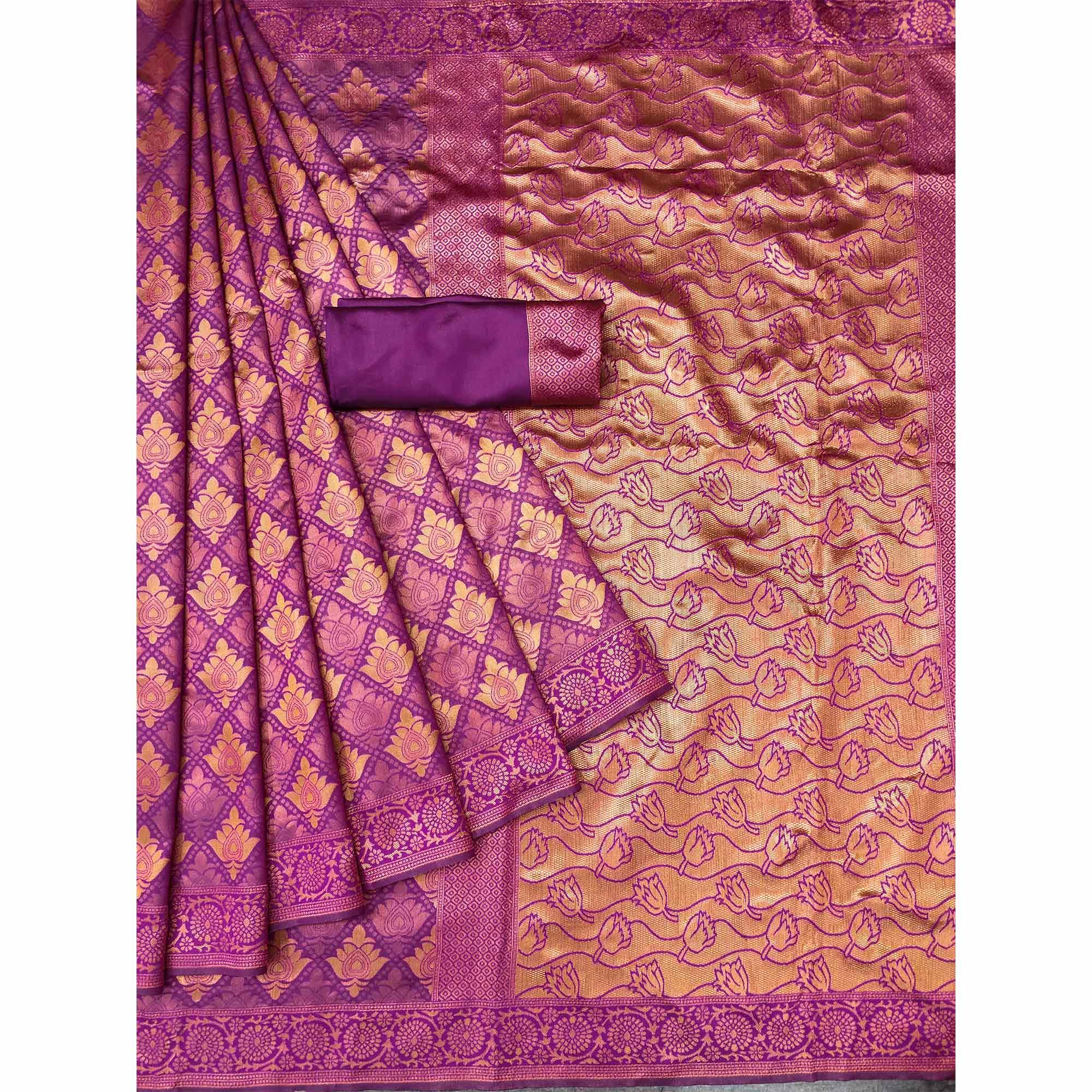 Purple Woven Banarasi Silk Saree - Peachmode