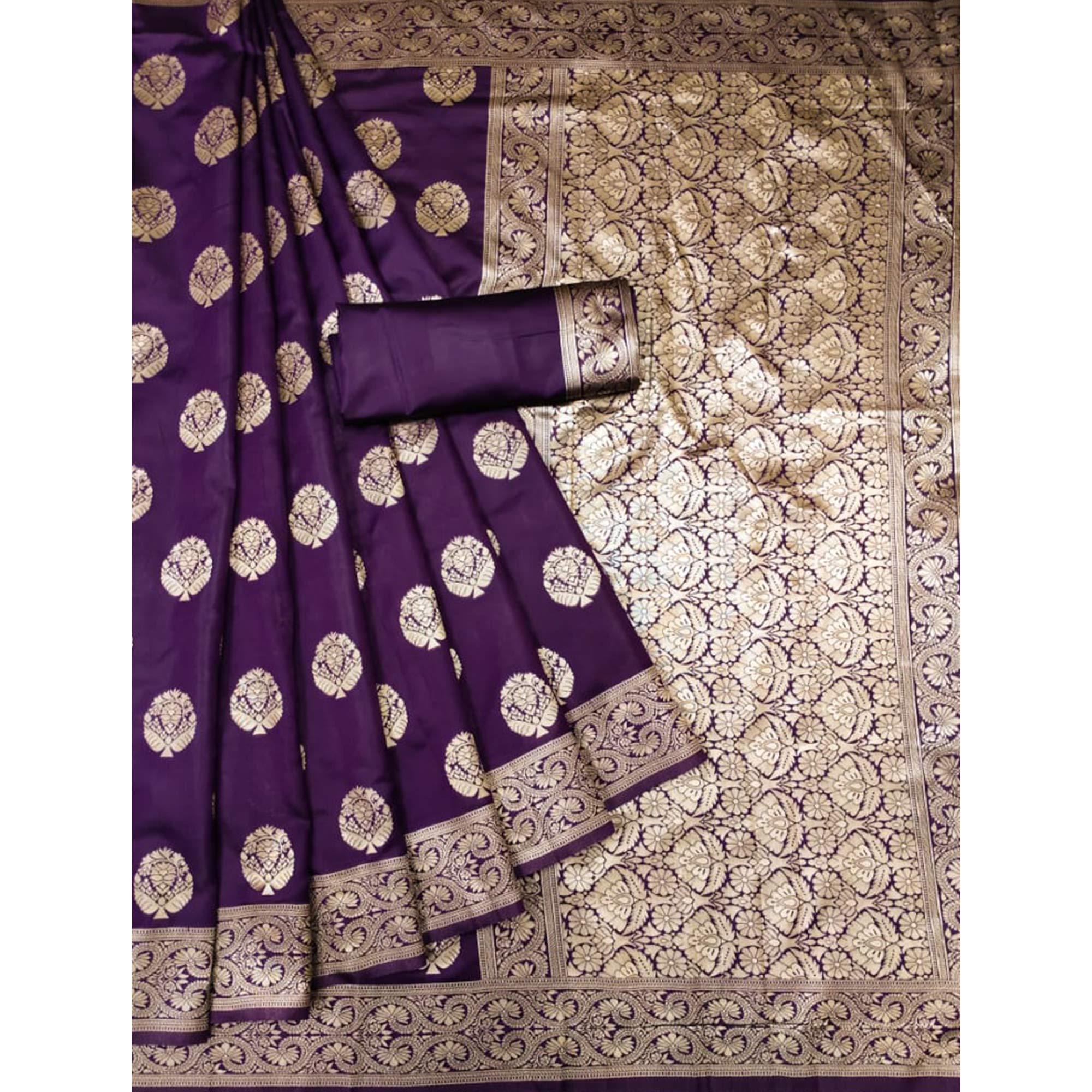 Purple Woven Banarasi Silk Saree - Peachmode