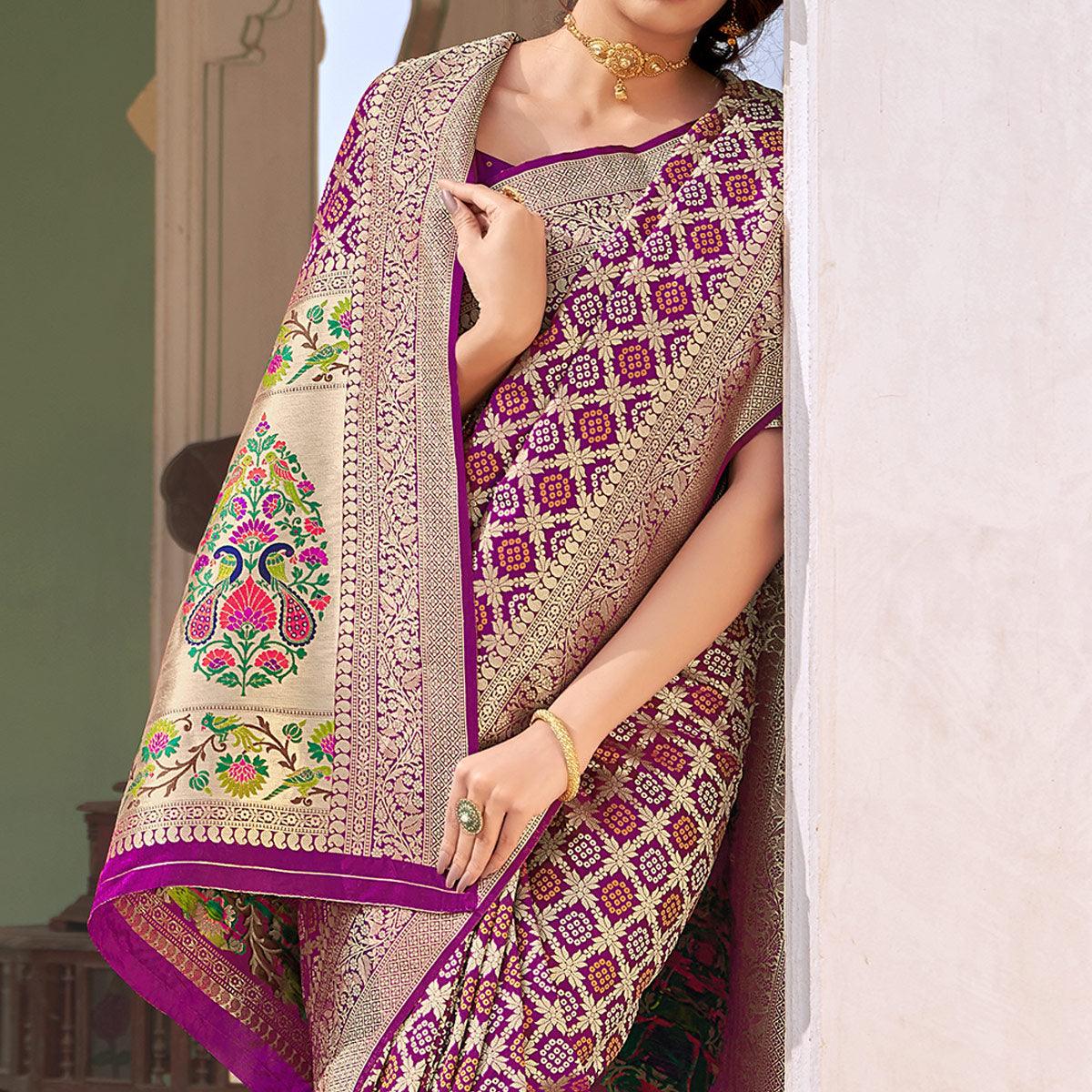Purple Woven Banarasi Silk Saree - Peachmode
