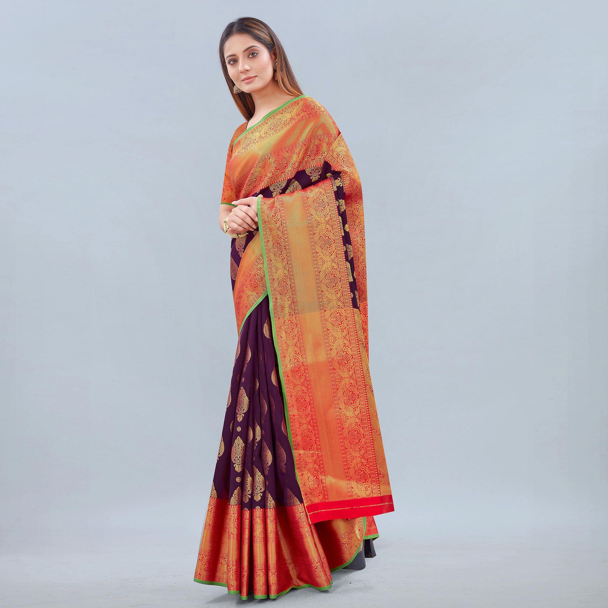 Purple Woven Banarasi Silk Saree - Peachmode