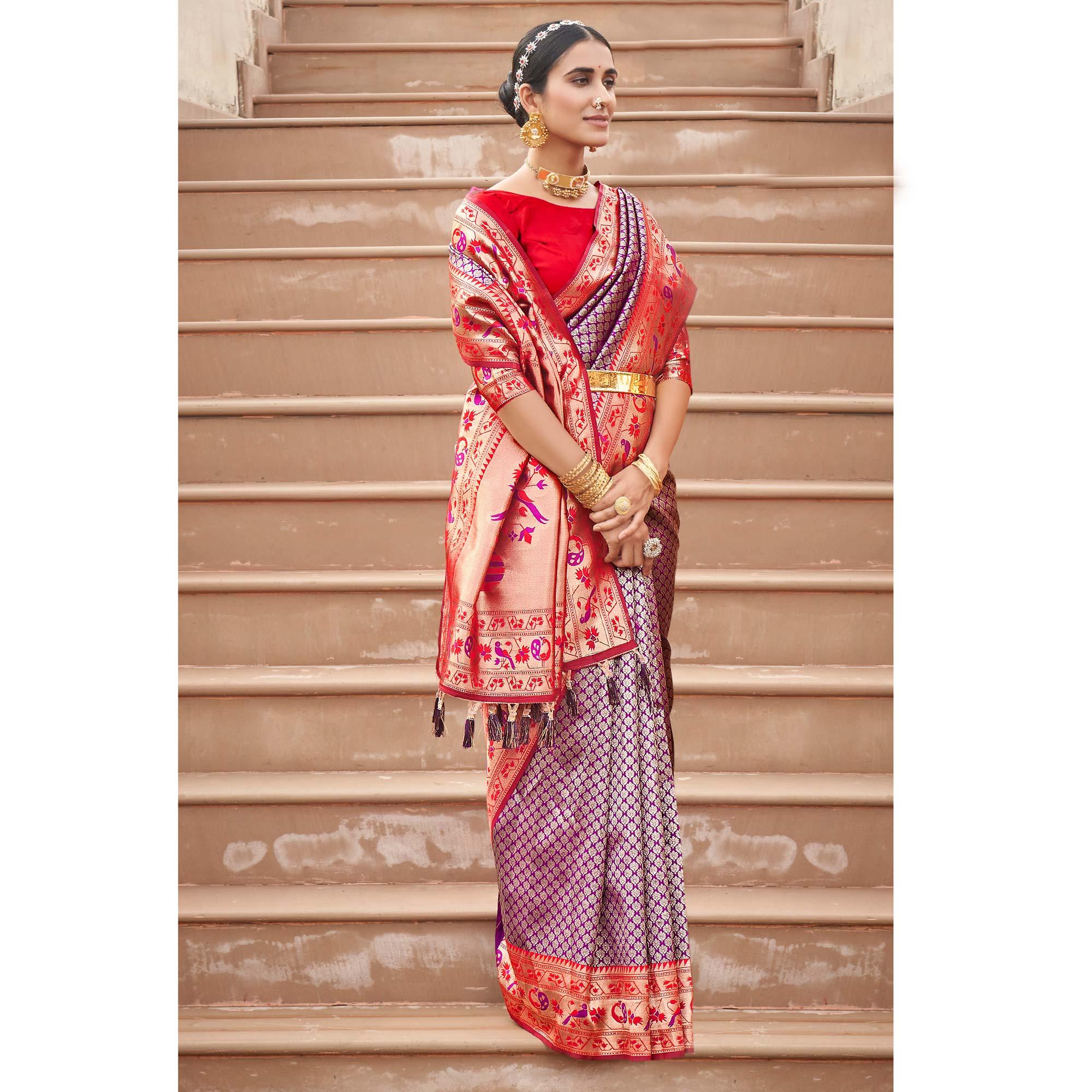 Purple Woven Banarasi Silk Saree - Peachmode
