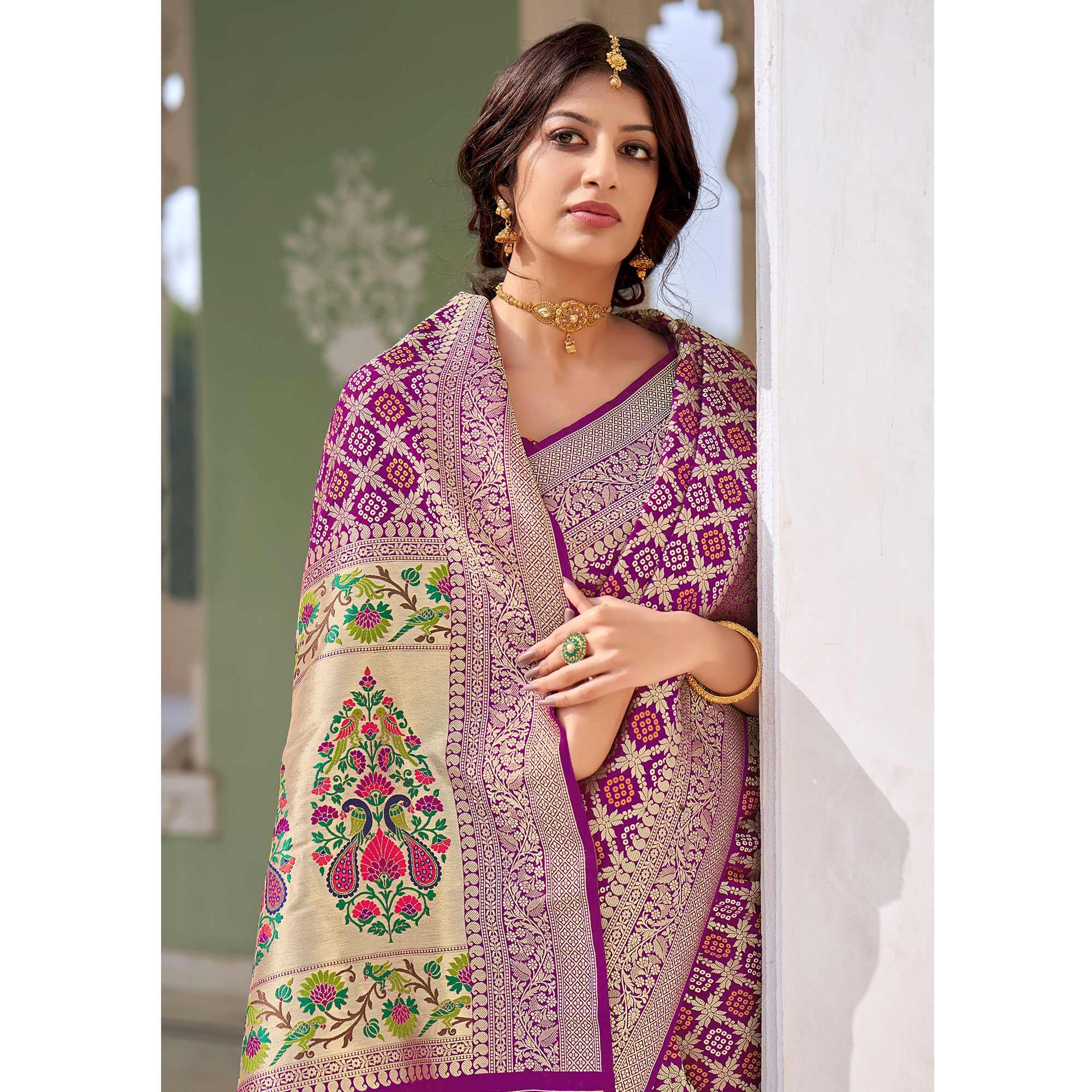 Purple Woven Banarasi Silk Saree - Peachmode