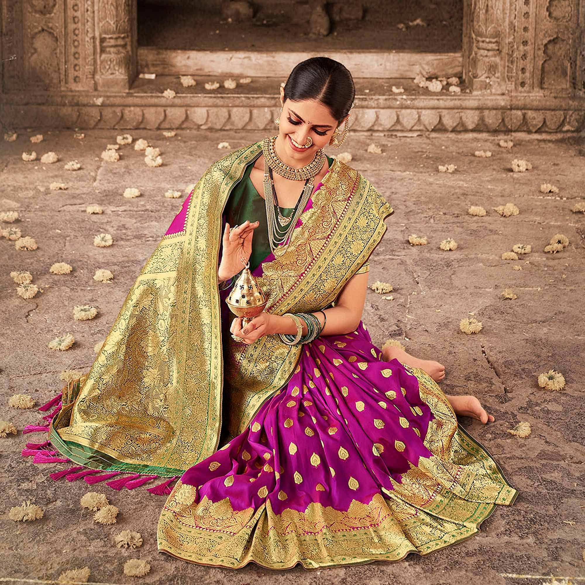 Purple Woven Banarasi Silk Saree - Peachmode