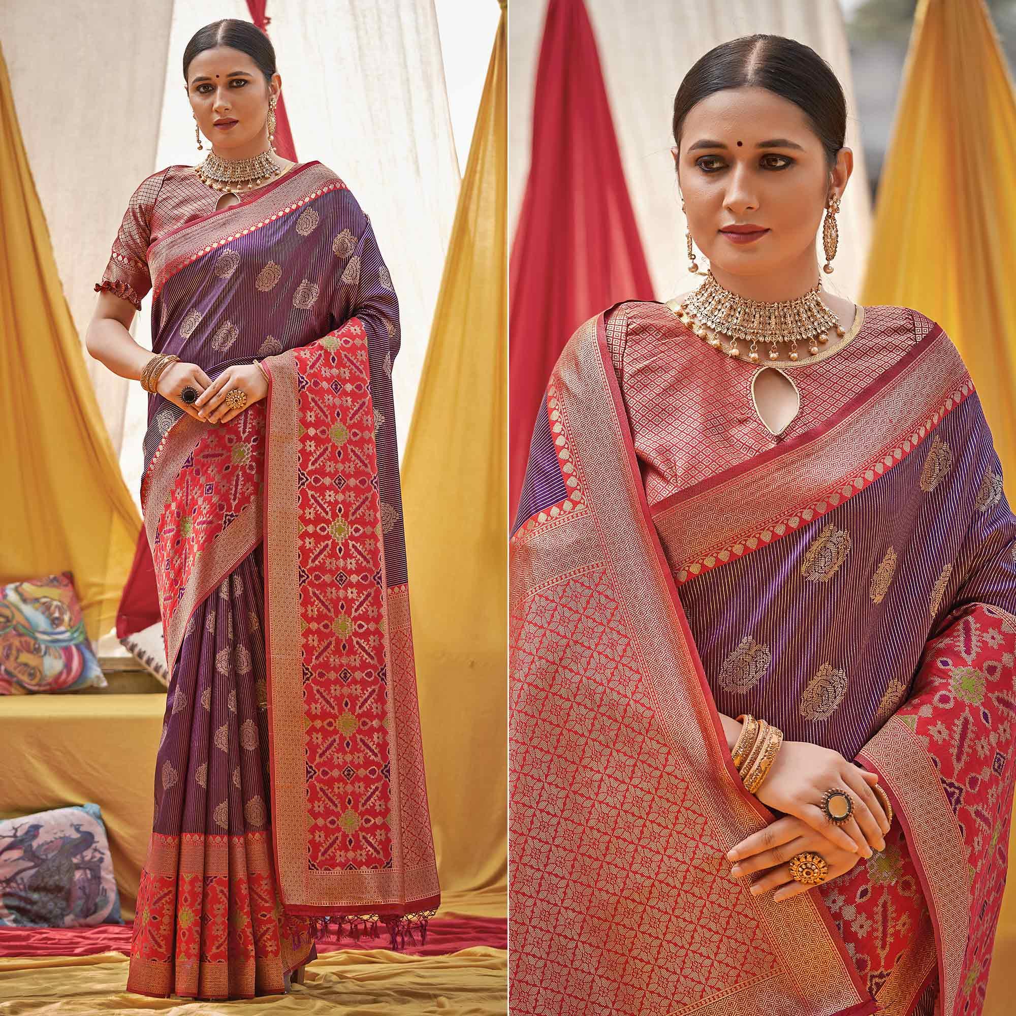 Purple Woven Banarasi Silk Saree With Tassels - Peachmode