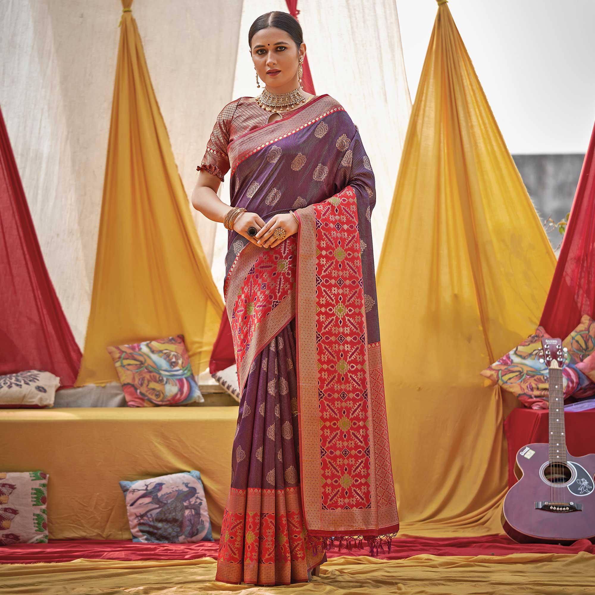 Purple Woven Banarasi Silk Saree With Tassels - Peachmode