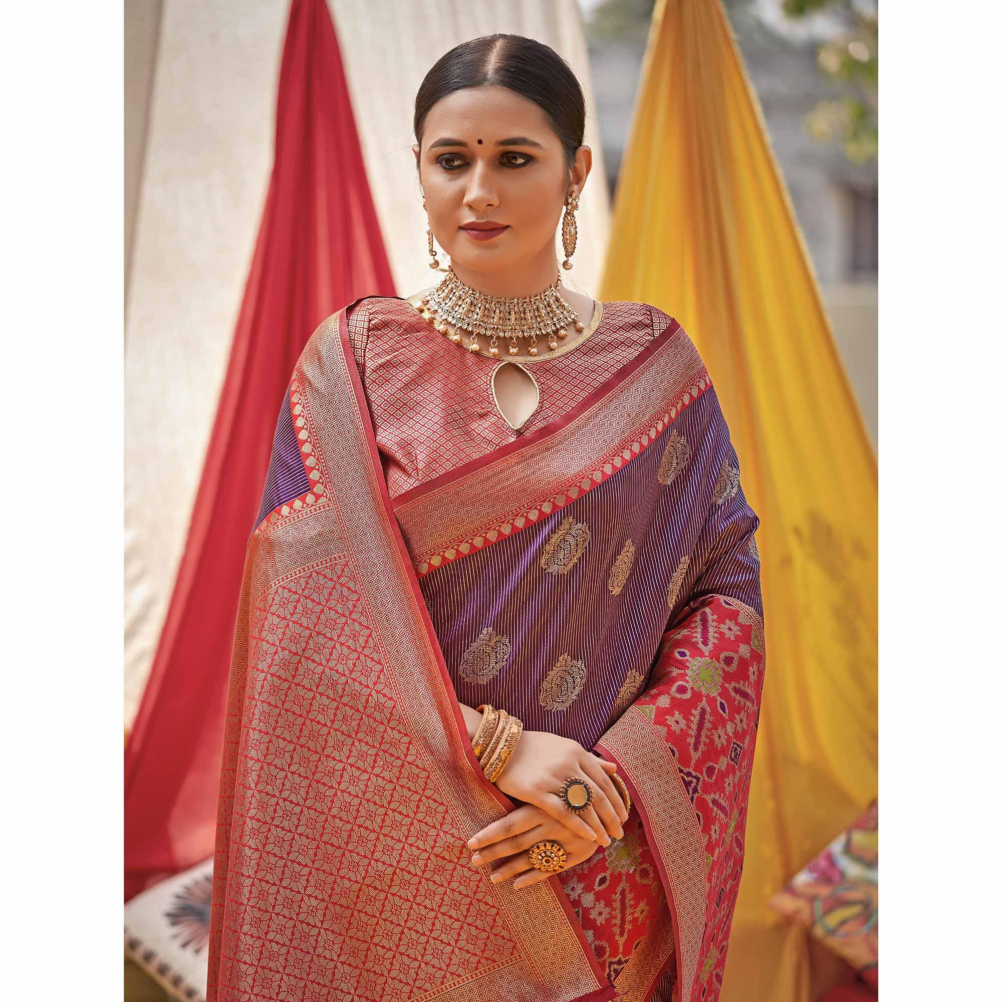 Purple Woven Banarasi Silk Saree With Tassels - Peachmode
