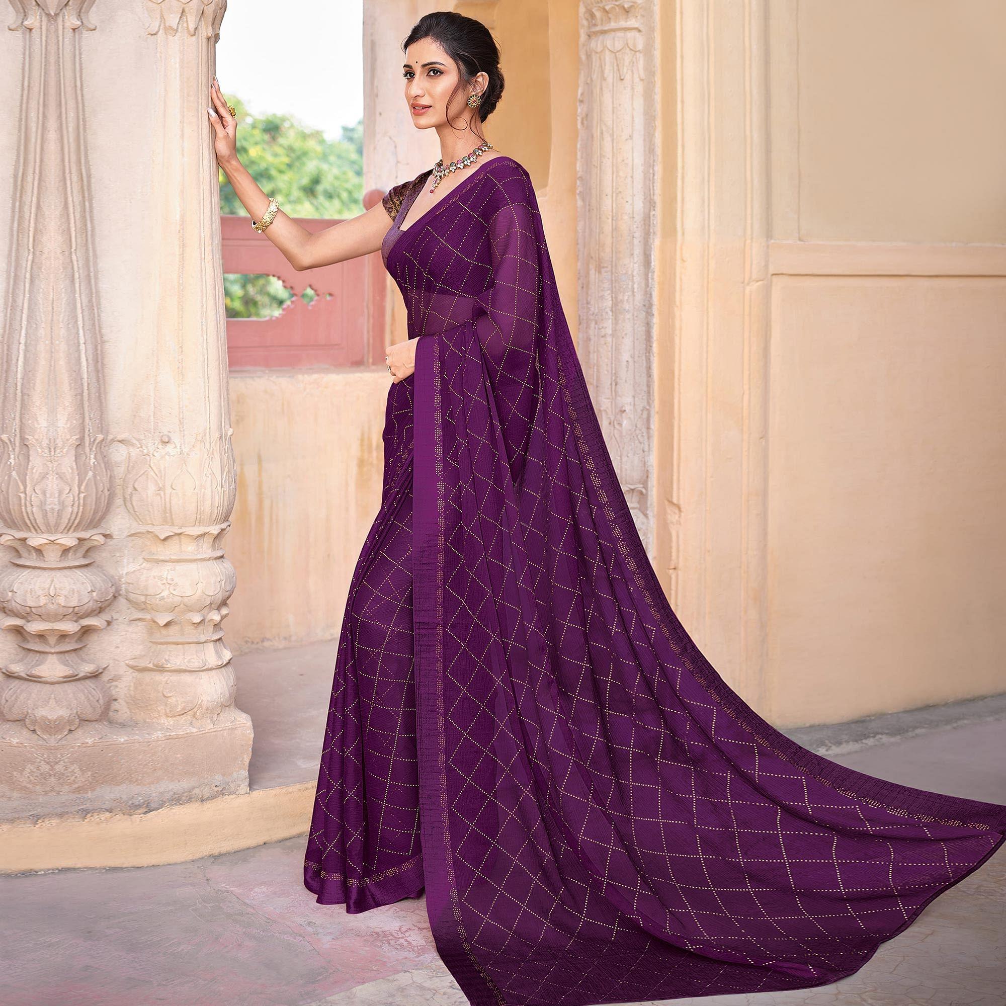 Purple Woven Chiffon Saree - Peachmode
